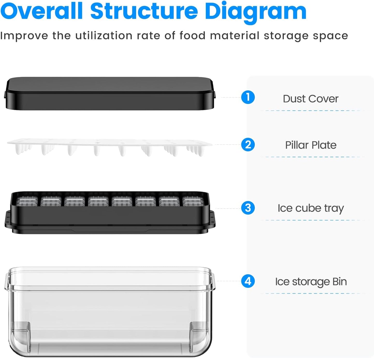 Ice Cube Tray with Lid and Bin, 32 pcs Ice Trays, Easy to Release Ice Trays for Freezer, Ice Cube Tray Mold, with 1 tray, Ice Freezer Container for Whiskey, Cocktail, Black
