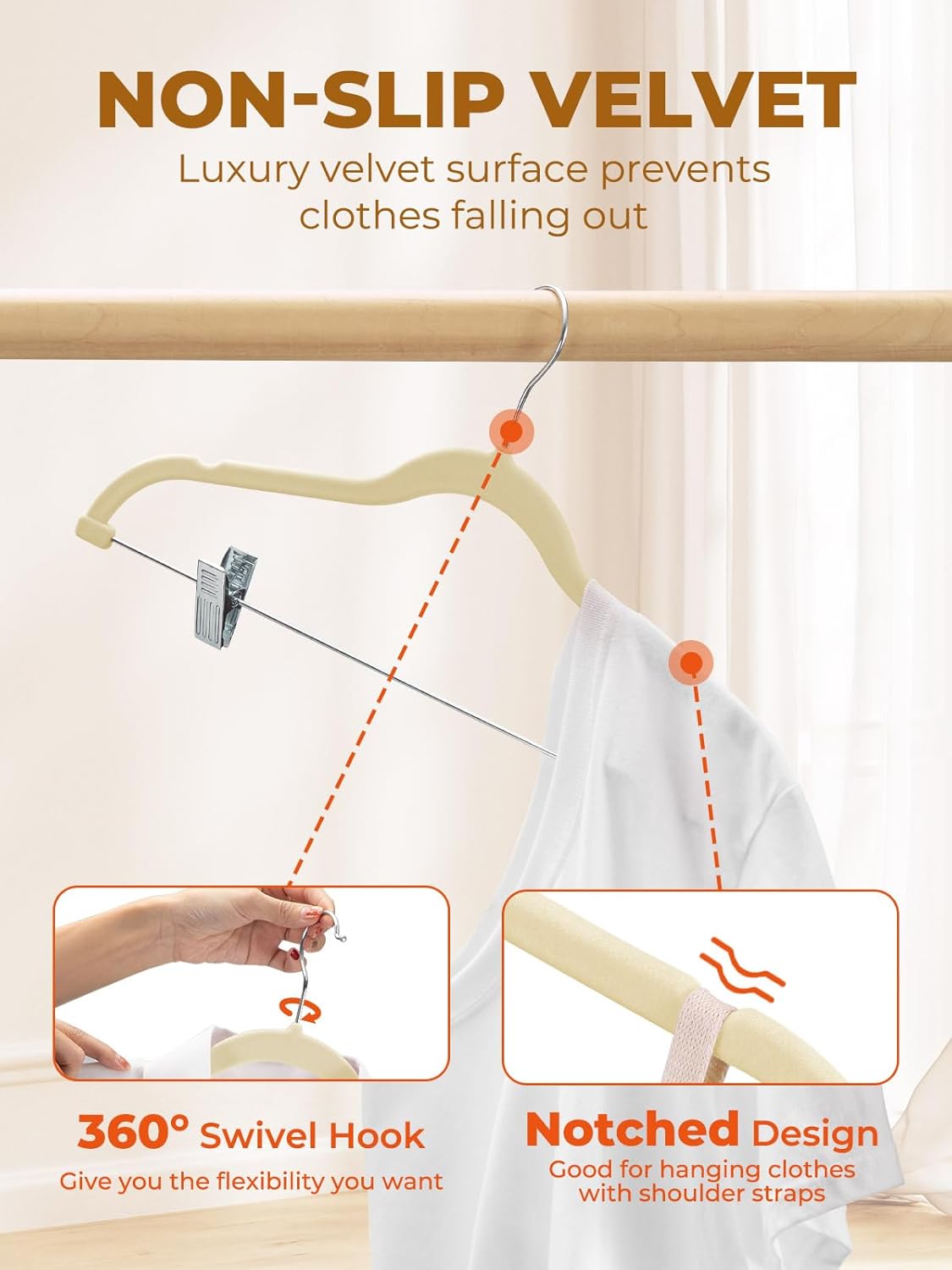 HOUSE DAY Velvet Skirt Hangers 24 Pack, Beige Velvet Pant Hangers with Adjustable Clips, Space Saving Slim Shorts Hanger, Heavy Duty Non Slip Clip Hanger for Pants, Skirts, Shorts
