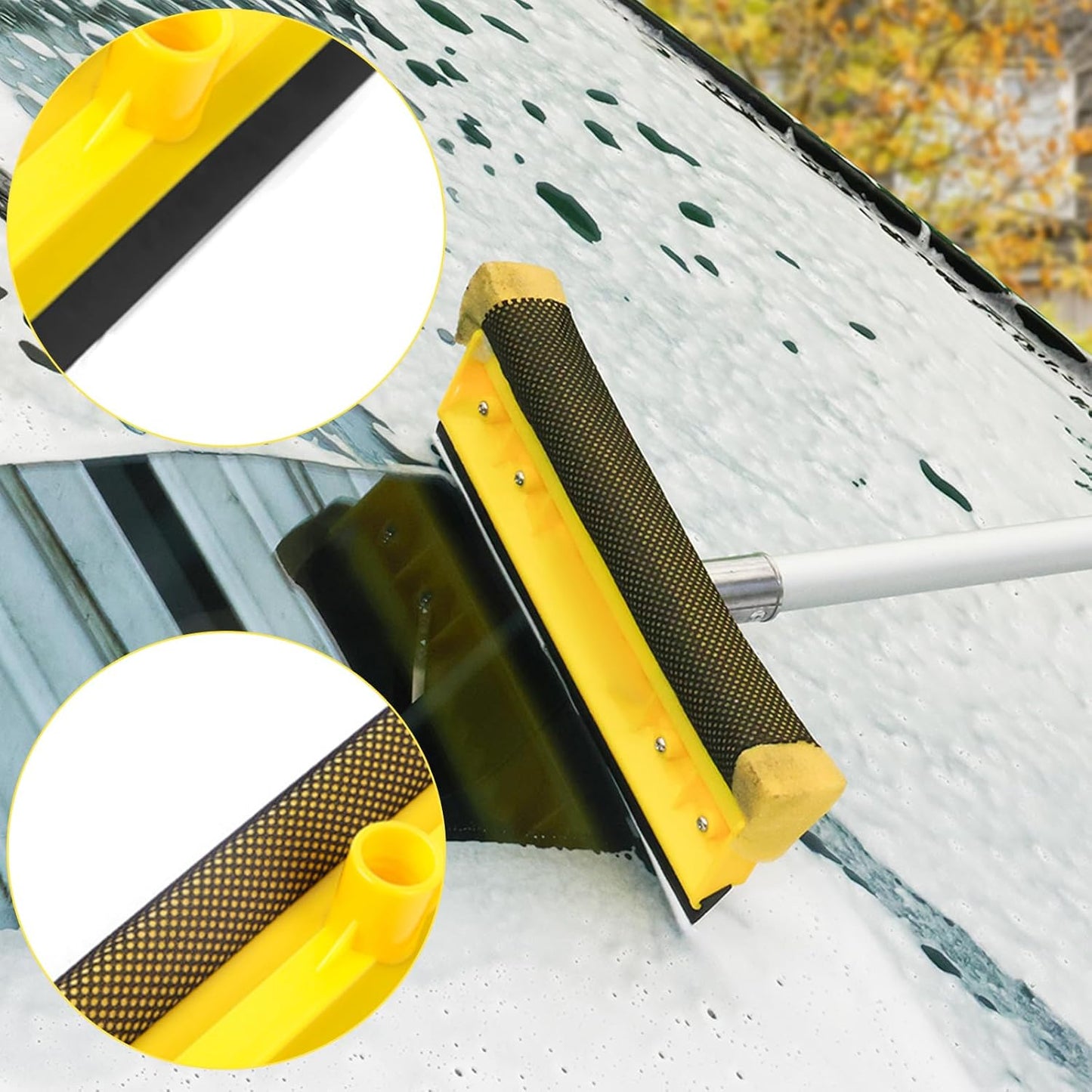 11.6" Window Squeegee with Scrubber, 2-in-1 Car Glass Cleaning Kit with Sponge and Rubber Blade Squeegee Cleaner for Window, Glass, Car Windshieldโ Fits Standard Extension Pole (Pole Sold Separately)