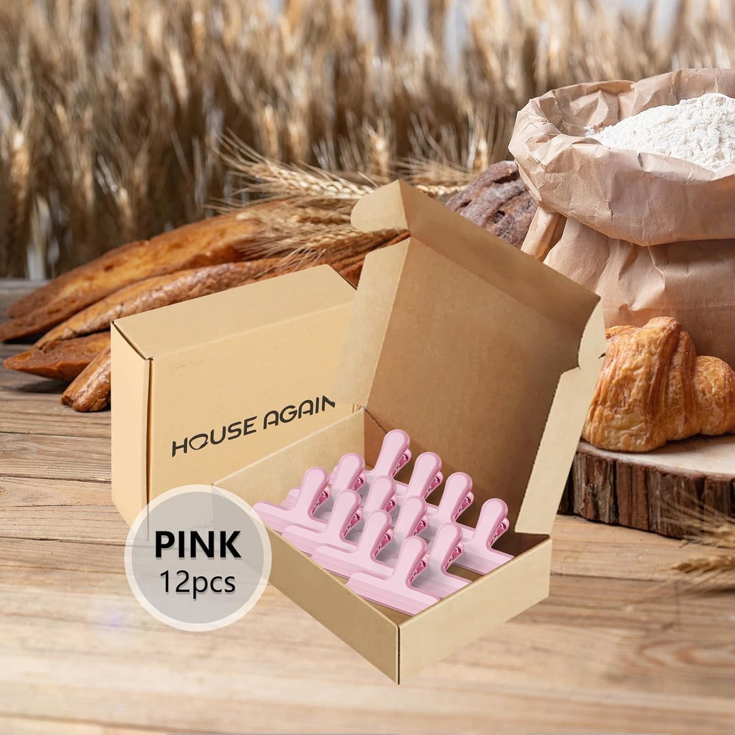 HOUSE AGAIN 12 Pack Stainless Steel Chip Bag Clips Covered with Silicone - NO More Sharp Edges - Color Coded for Food Bags - Air Tight Seal, Heavy Duty for Kitchen and Office, 3 Inches Wide, Pink