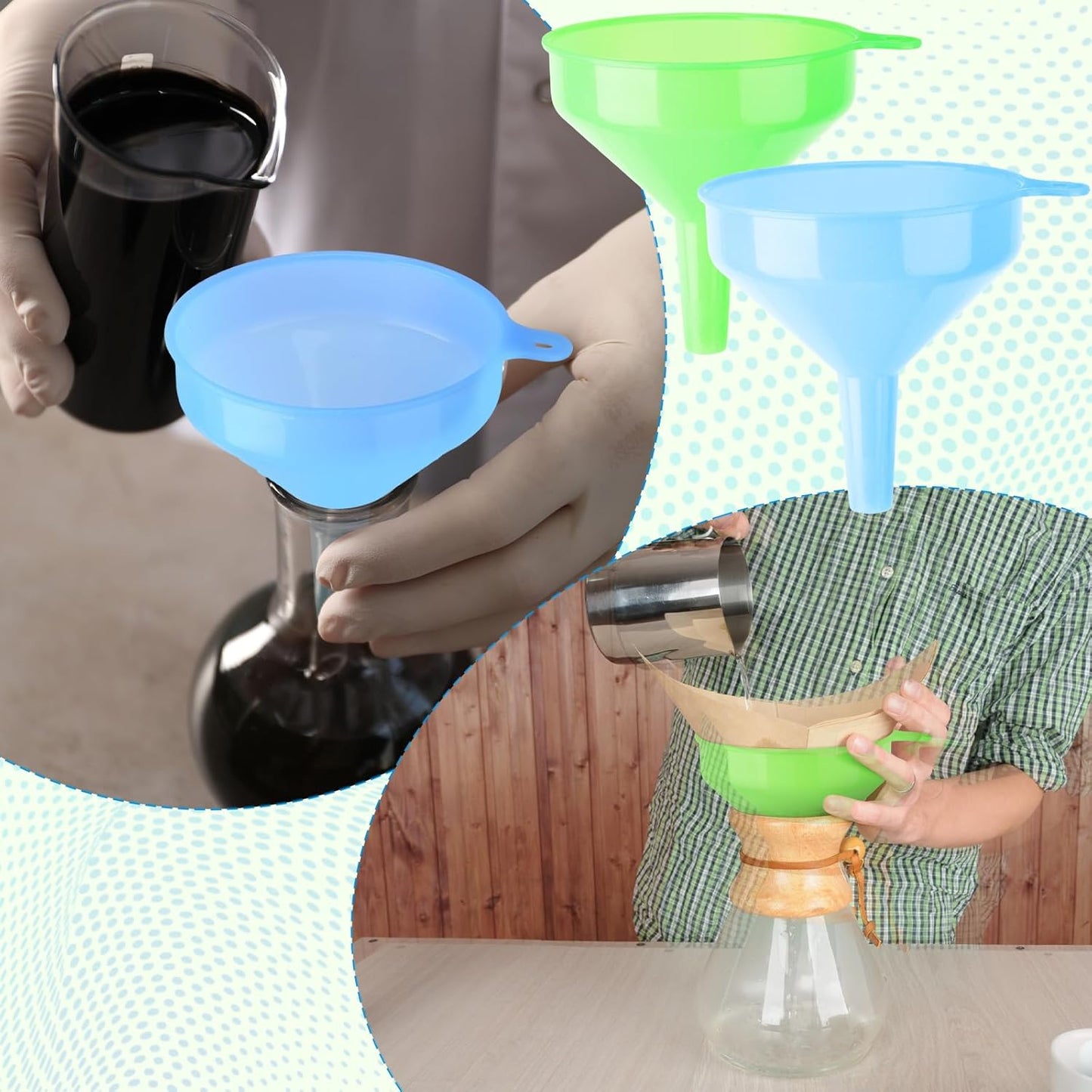 Honeydak 24 Pcs Multi-Purpose Plastic Funnels 4.7 Inch Wide Mouth Funnels for Filling Bottles, Jars, Containers Lab Use Oil Funnel for Gas, Car Oil, Lubricants and Fluids (Pink,Blue,Green)