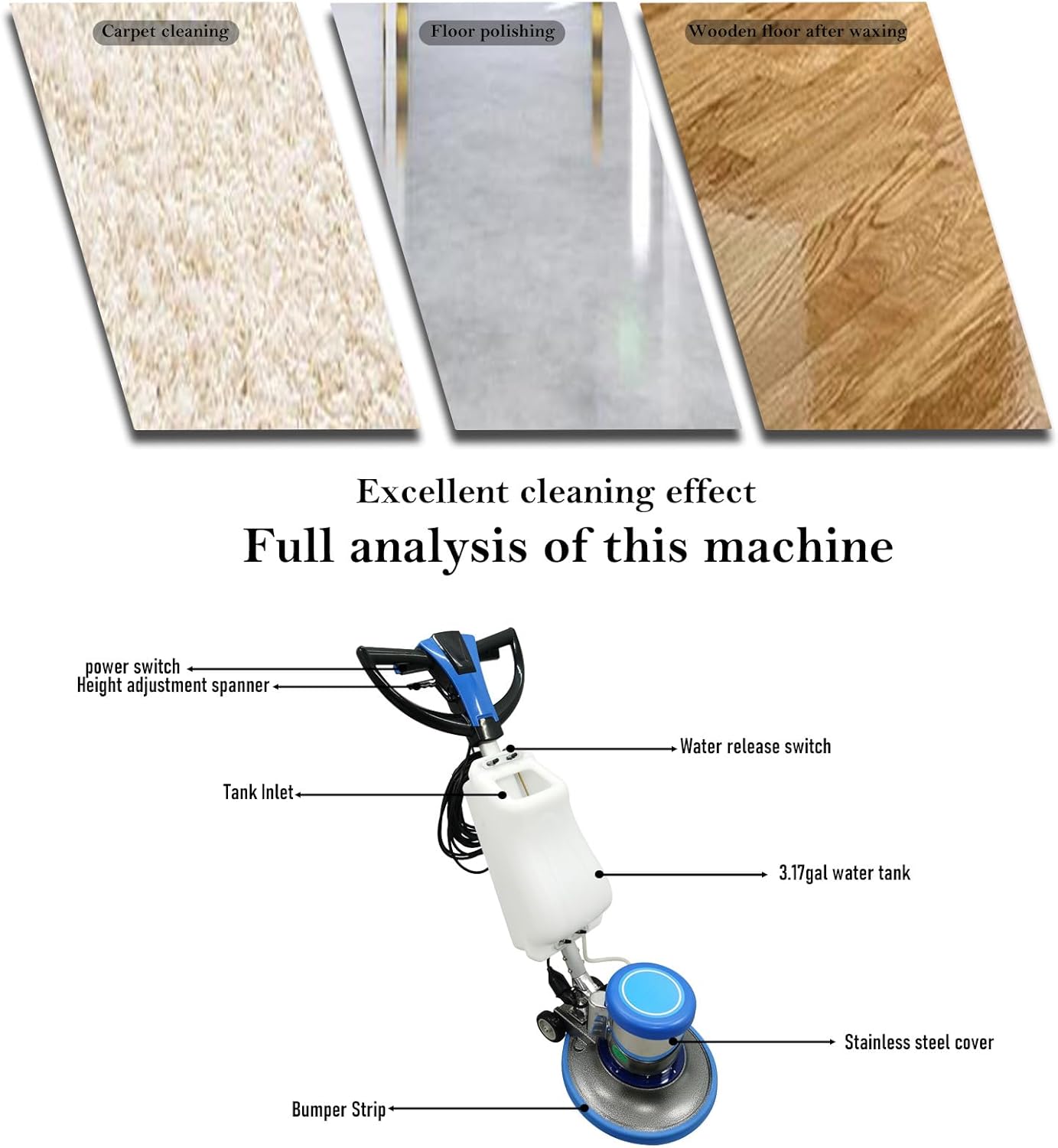 110V Floor Polisher Commercial Floor Scrubber Machine, Carpet Buffer Scrubber with 3.1gal Water Tank and 17" Base 175Rpm 1100W, for Marble/Cement/Epoxy/Rubber Floors/Wood