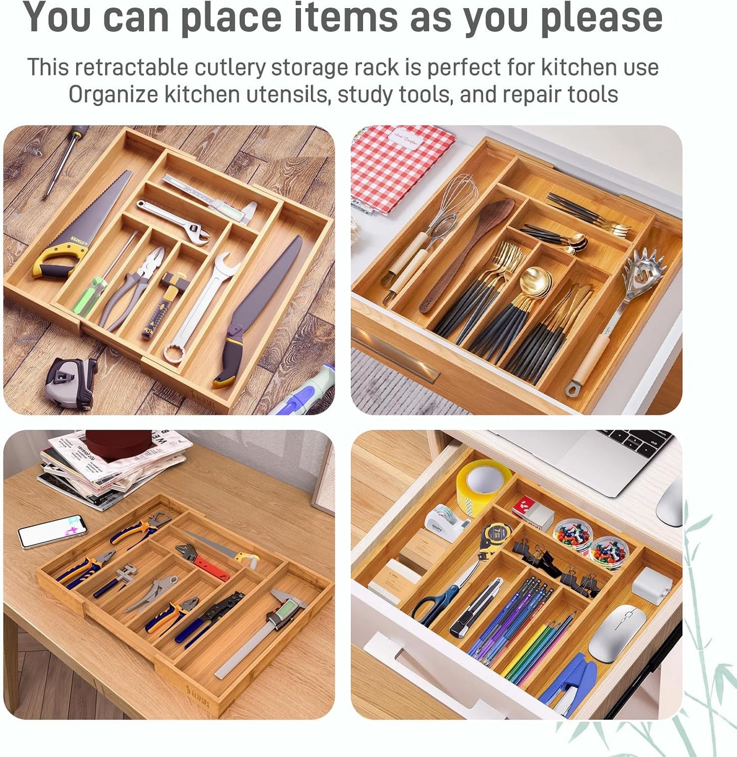 100% Bamboo Expandable Drawer Organizer - Adjustable Utensil and Cutlery Tray for Kitchen, Office, and Bathroom Storage.