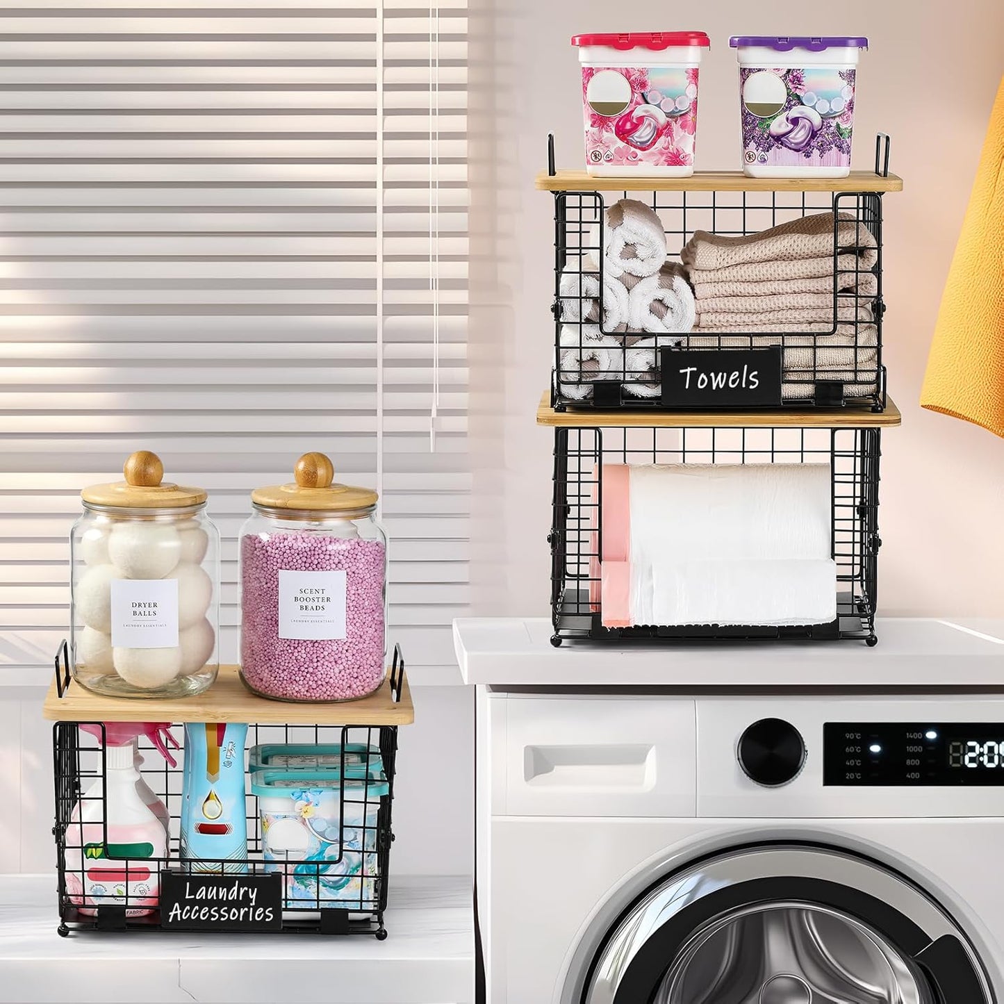 1 Pack Stackable Storage Trash Bag Baskets with Bamboo Top, Large & Standard Trash, Garbage Bag Holder Dispenser, Multiuse Basket for Kitchen Pantry Cabinet Counter Under Sink Laundry Organizing