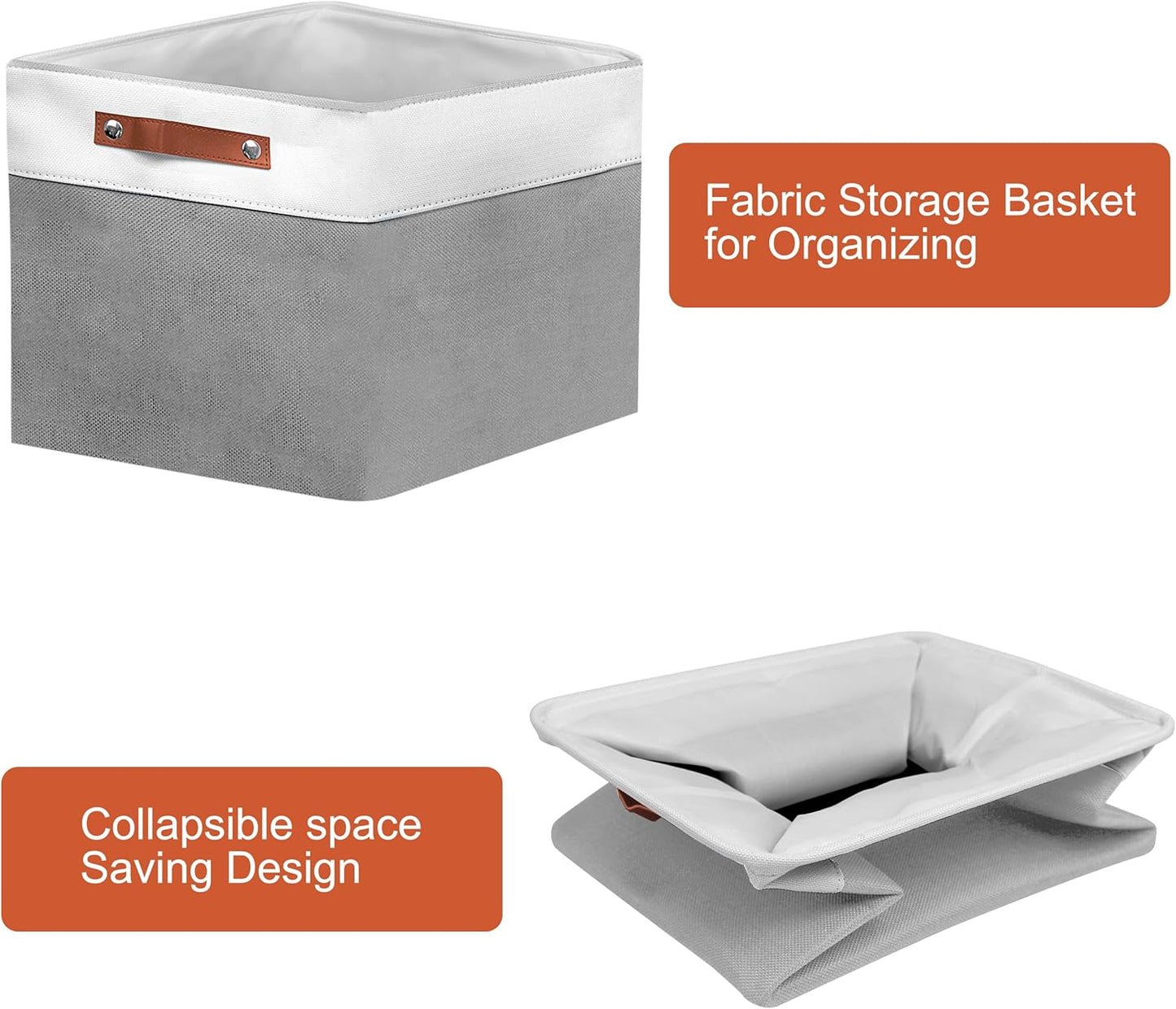 11in Open Fabric Storage Basket with Leather Handles for Organizing, Collapsible Linen Closet Bins for Shelves, Closets, Laundry, Decorative Basket for Gifts. (White&Gray, 3PCS/11x11in)
