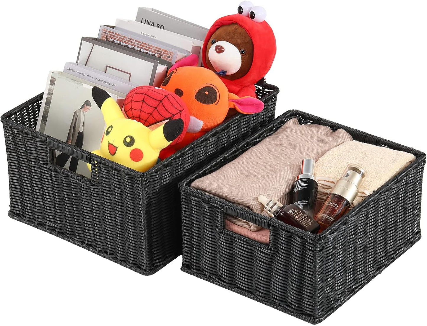 HOONEX Large Wicker Baskets for Storage, Plastic Baskets for Organizing with Dual Handles, Woven Baskets for Storage, Set of 2, (Black, 15 x 12.8 x 7.5 inches)