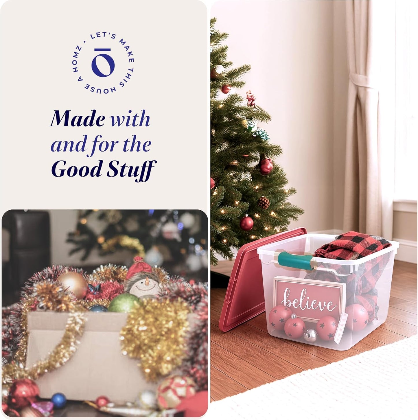 HOMZ 4-Pack Holiday Tote, Plastic Storage Organizer Bins with Lids, 31 Quart, Clear/Red - Stackable Organizing Containers for Home, Garage, and Office