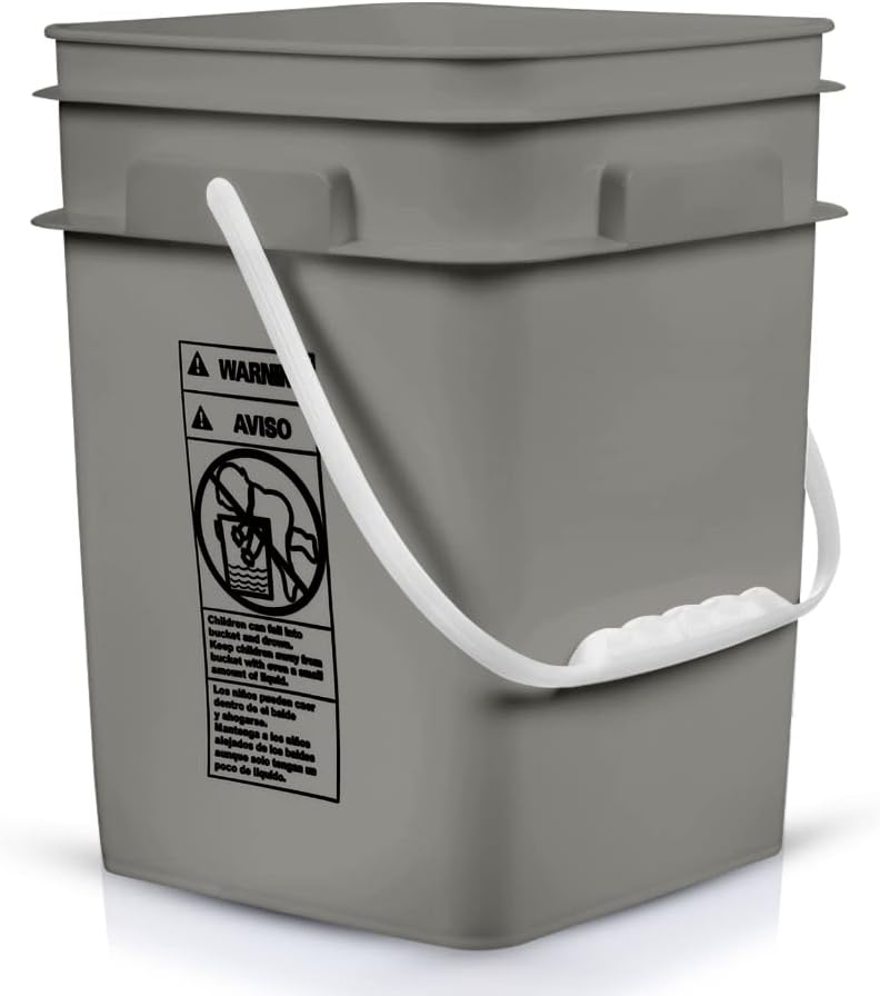 House Naturals 4 Gallon Square Food Grade Bucket Pail with Plastic Handles and Lid (Pack of 3) Made in USA containers (Gray Buckets-Green lids)