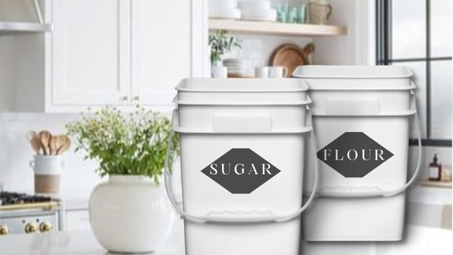 House Naturals 4 Gallon Square Food Grade Bucket Pail with Plastic Handles and Lid (Pack of 3) Made in USA containers (White - Black lids)