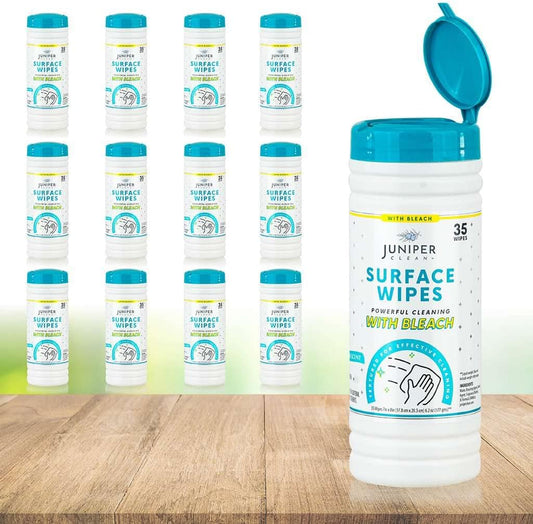 12 Pack Surface Cleaning Wipes with Bleach, All-Purpose Cleaner for Bathroom, Kitchen, Office, 420 Count Canister, 7.5" x 7" Sheet, Fresh Scent, Lint Free & Durable