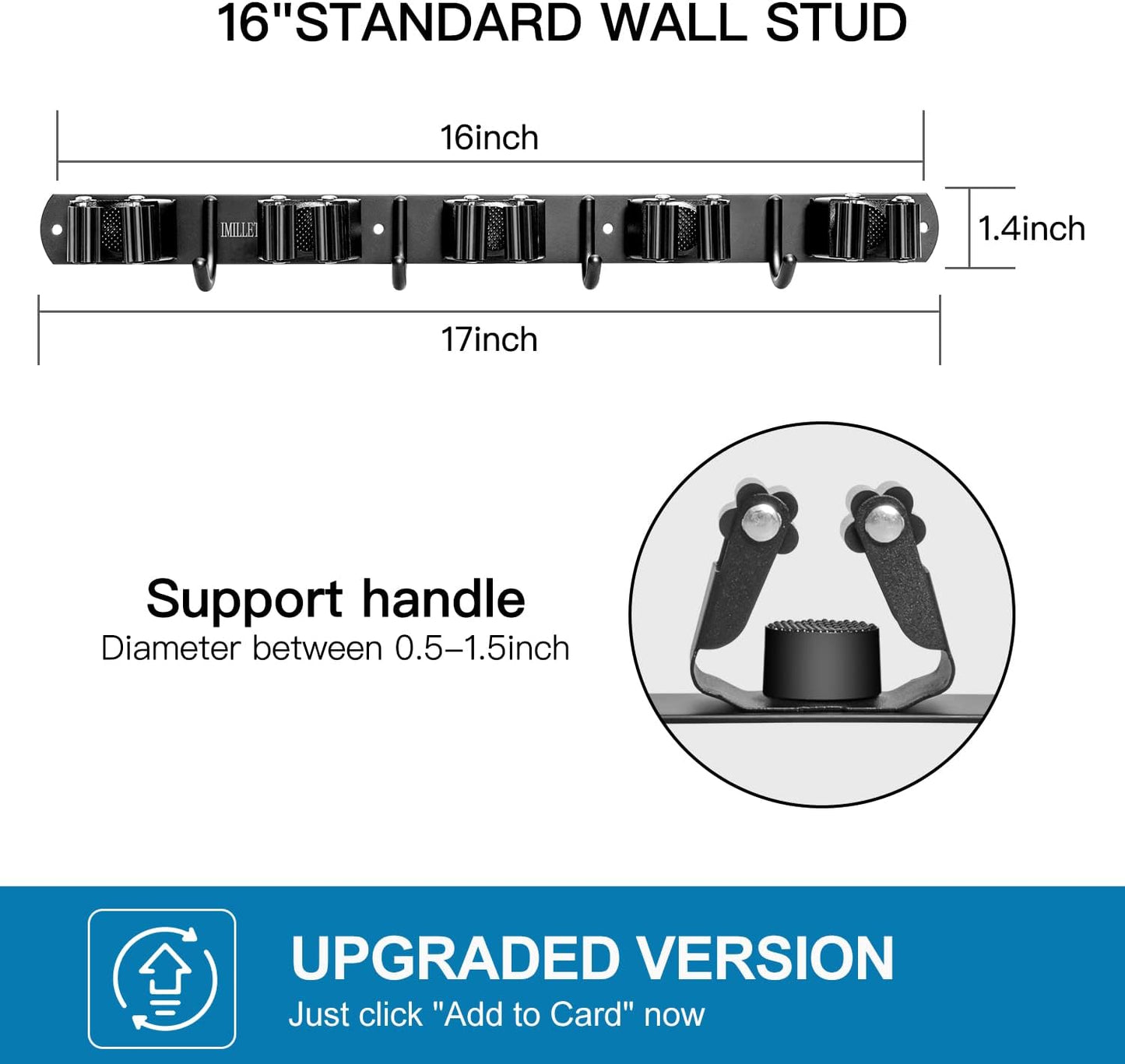 IMILLET Broom Holder Wall Mount, Broom Holder Stainless Steel Heavy Duty Garage Organization Broom Organizer Wall Mount Self Adhesive Laundry Room Organization and Storage（5 Racks and 4 Hooks）