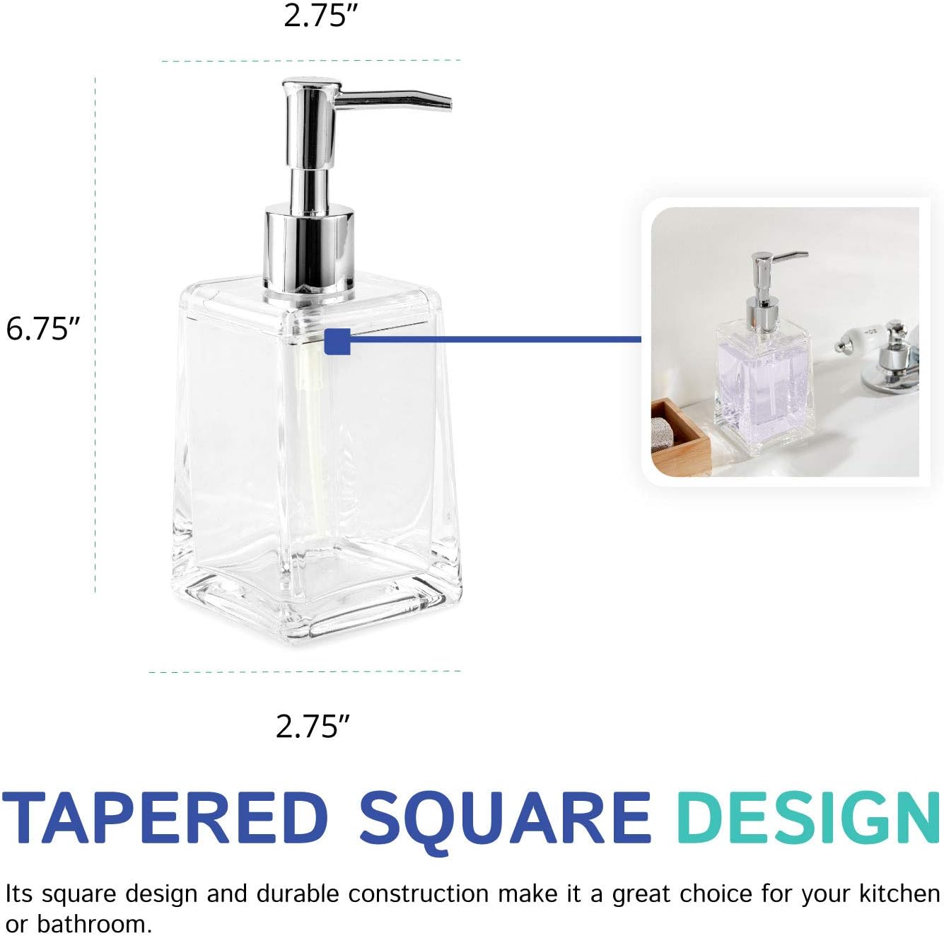 Huang Acrylic Clear Square Tapered Soap Dispenser Crystal Clear Acrylic | Sturdy and Elegant Construction Makes it Perfect for Kitchen or Bathroom | Shatter-Proof, Durable and Compact Design