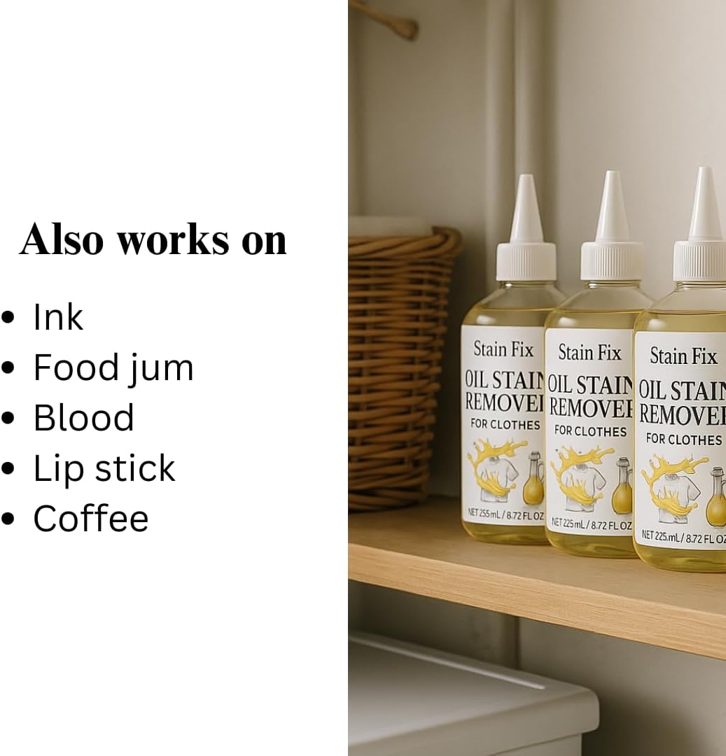 Instant Oil Stain Remover for Clothes (8.72oz) - Fabric Stain Remover For Cooking, Engine, Dried Oil And Grease Stains - Safe for All Fabric Types