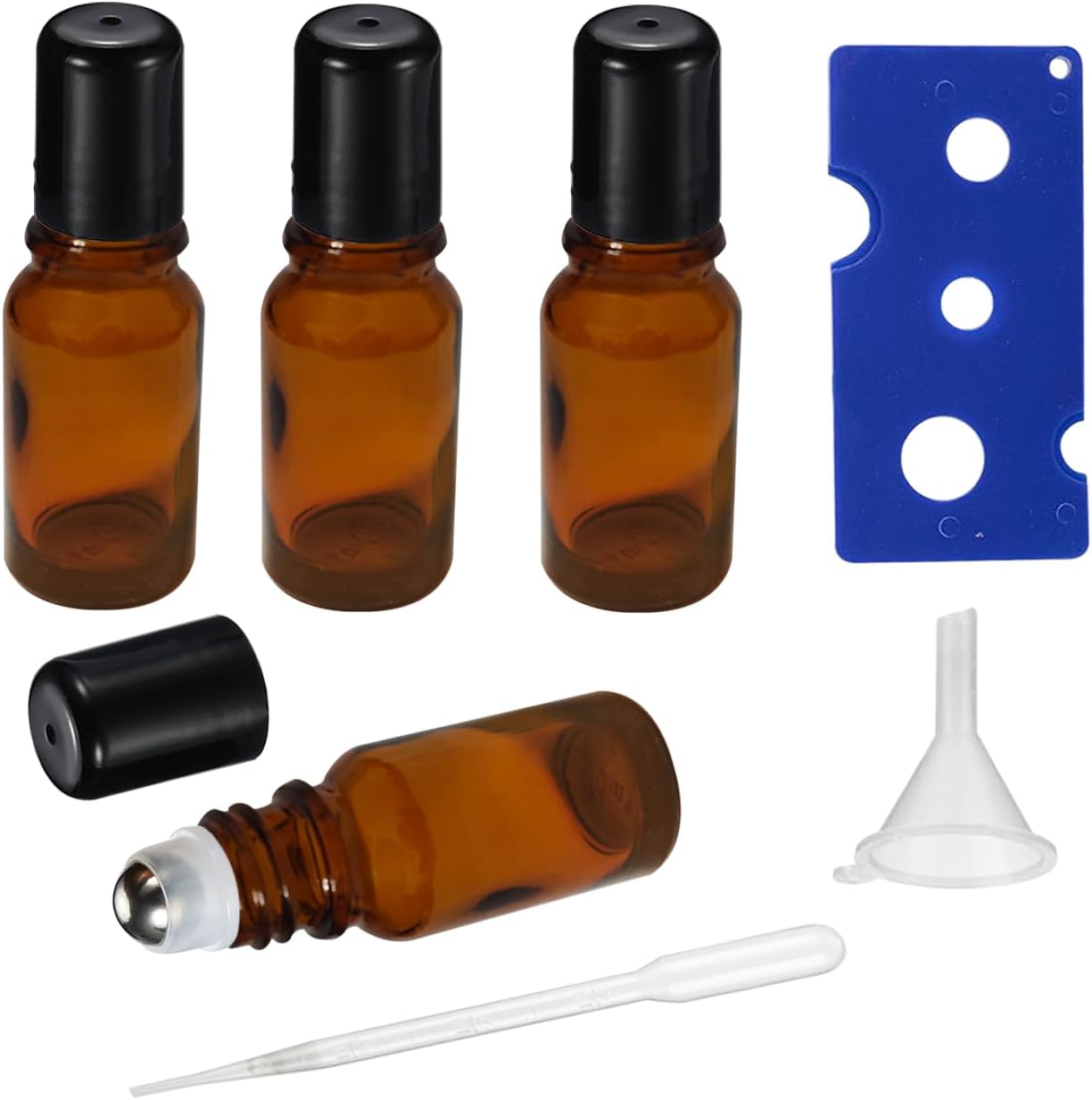 10ML Roller Bottles for Essential Oil, 4 Pack Empty Amber Glass Roller Bottle for Perfume Oil, Roll on Bottles with Stainless Steel Roller Balls, Opener, Funnel and Dropper