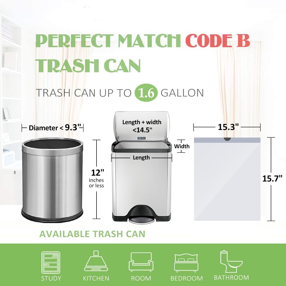 1.6 Gallon/220pcs Strong Drawstring Trash Bags Garbage Bags by Teivio, Bathroom Trash Can Bin Liners, Code b fit 6 Liter, Small Plastic Bags for home office kitchen