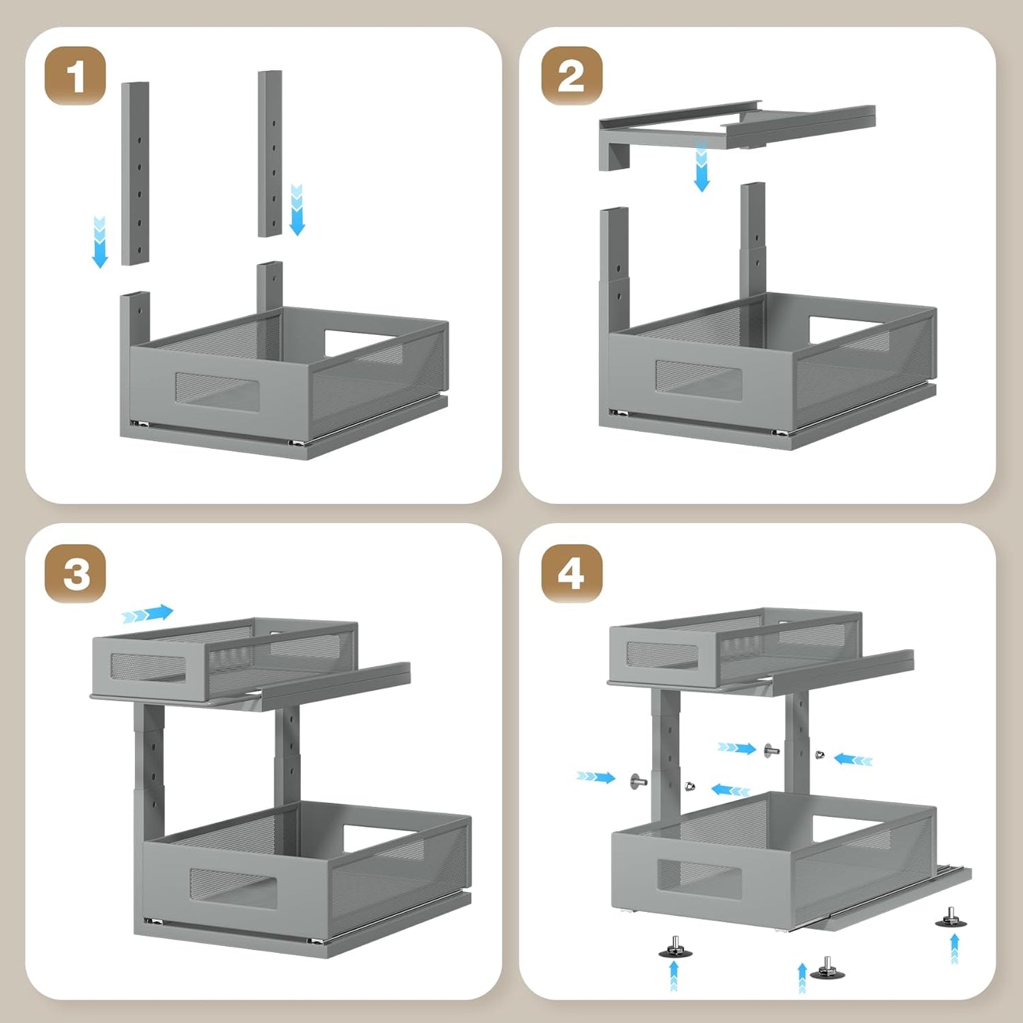 1 Pack 15.74IN-Depth Under Sink Organizer With Next-Gen Ball-Bearing Slides,2-Tier Pull Out Cabinet Storage,Height Adjustable Drawer Shelf for Bathroom,Kitchen,Laundry,Cabinet,Pantry-Gun Gray