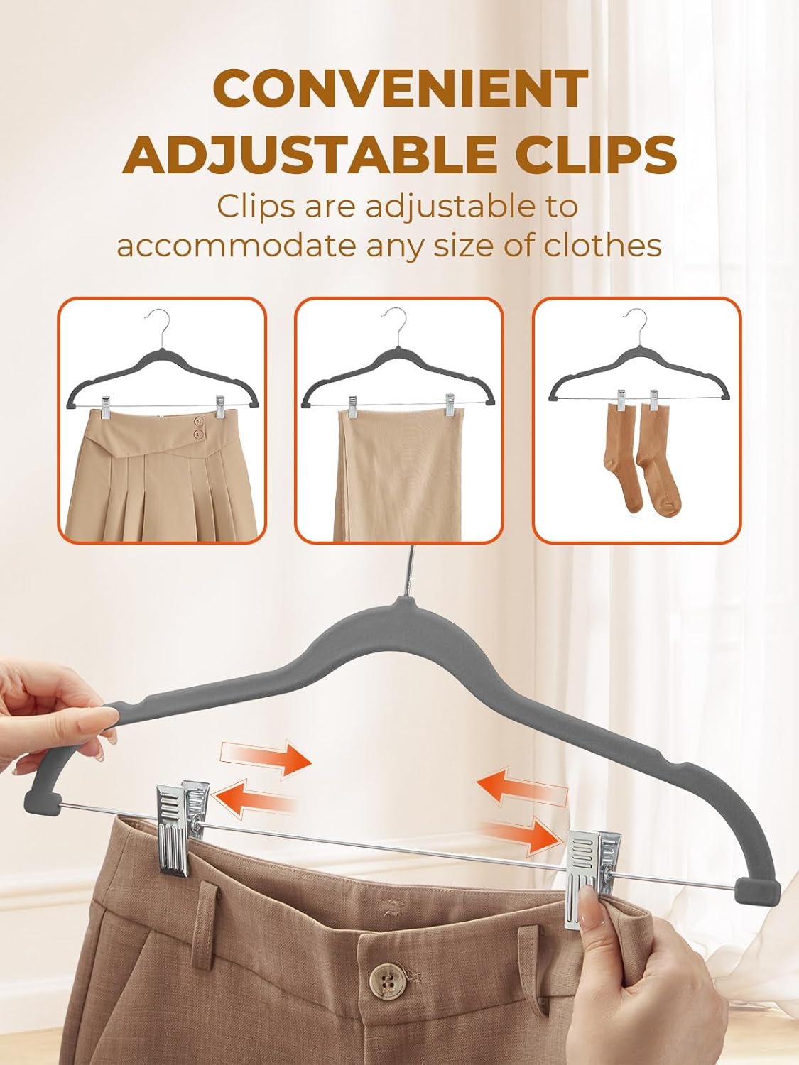 HOUSE DAY Velvet Skirt Hangers 24 Pack, Gray Hangers with Adjustable Clips, Space Saving Slim Velvet Pant Hanger, Heavy Duty Non Slip Clip Hanger for Pants, Skirts, Shorts