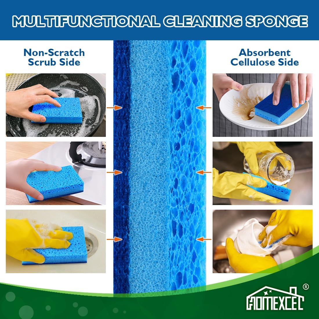 HOMEXCEL Sponges Kitchen 6pcs, Non-Scratch Sponges for Dishes, Scrub Cleaning Sponge Safe on Non-Stick Cookware, Dual Sided Dish Sponge for Kitchen, Household, Bathroom and More
