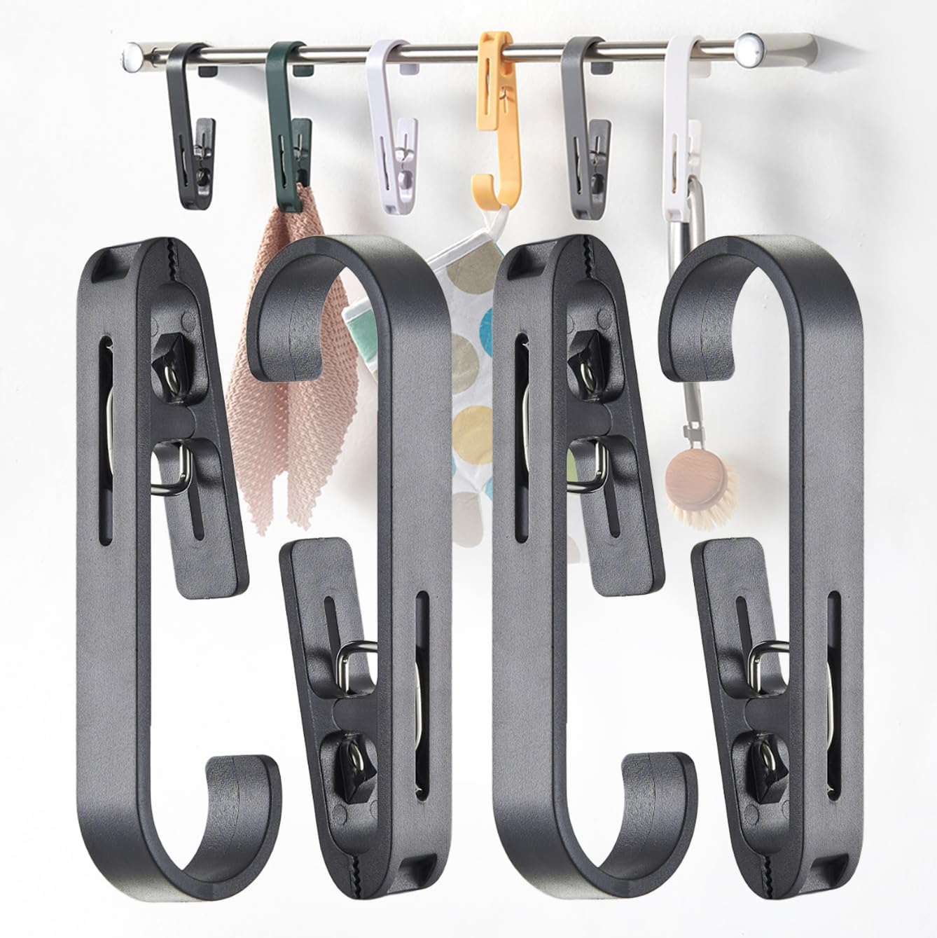iBetterLife Clothes Pins Heavy Duty Outdoor - 4 Pcs Large Laundry Hook Hangers with Clips Closet Organizer Clamps Hanging Socks Boot Bras Towels Shower Pegs for Bathroom Wardrobe Kitchen Office, Black