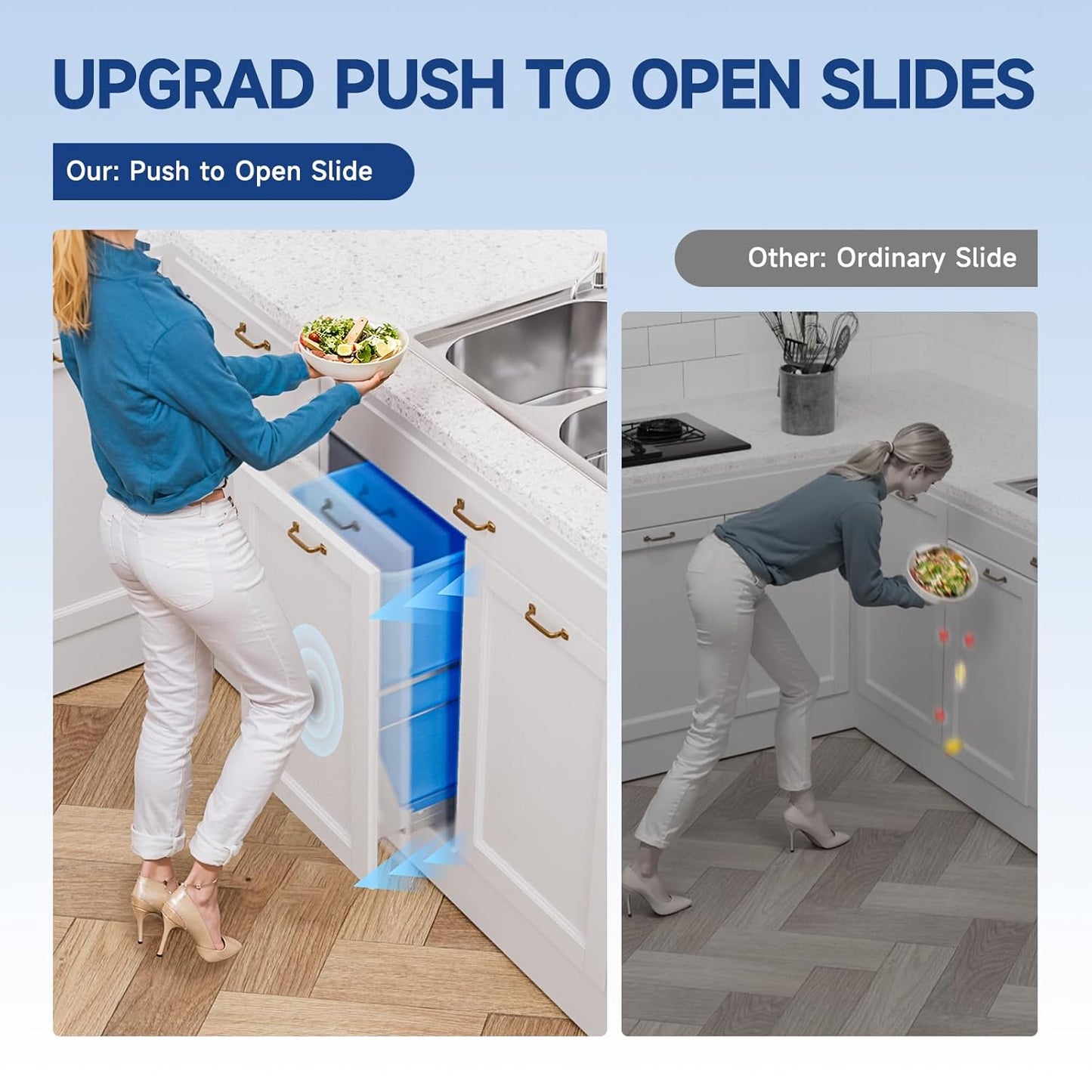 Insputer Double Pull Out Trash Can Under Cabinet with Push to Open Slides, Heavy Duty Under Sink Garbage Can Kit for Kitchen, Not Include Bin, Require 18" W X 24" D Cabinet, has Installation Video