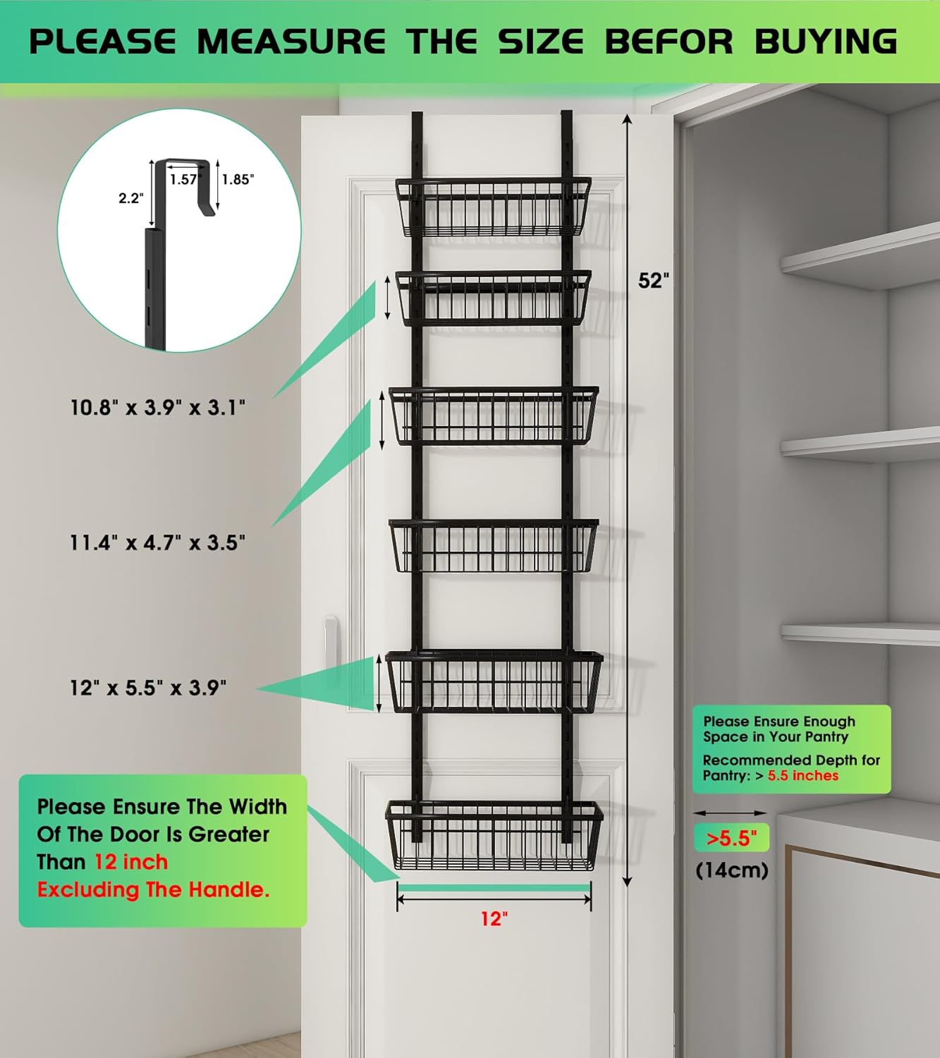 12 Inch Wide Narrow Over The Door Pantry Organizer, Pantry Organization and Storage, Black Metal Hanging Deep Basket Wall Spice Rack Seasoning Shelves, Home & Kitchen Essentials, Apartment