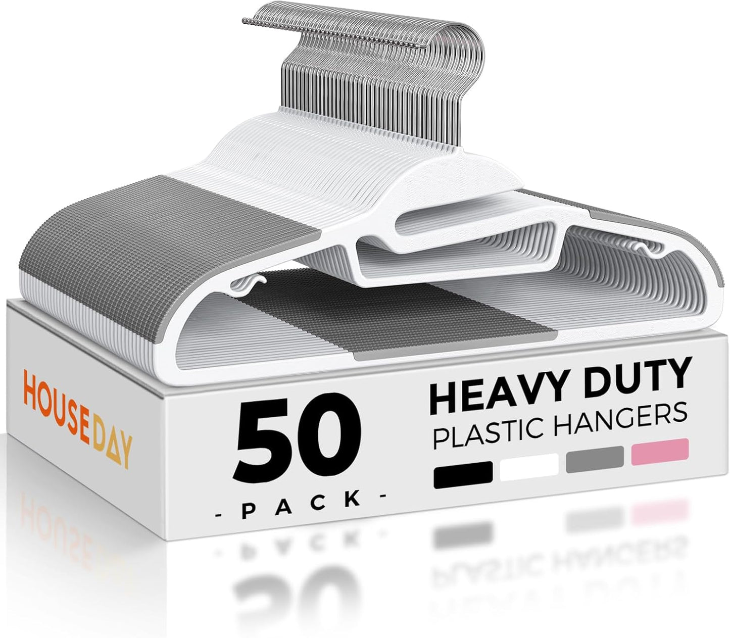 HOUSE DAY White Plastic Hangers 50 Pack, Slim Space Saving, Non Slip Hangers with Rubber Pads, Heavy Duty Coat Hanger for Closet, Prevent Stretching S-Shaped Clothes Hanger for Shirt, Suit, Pants