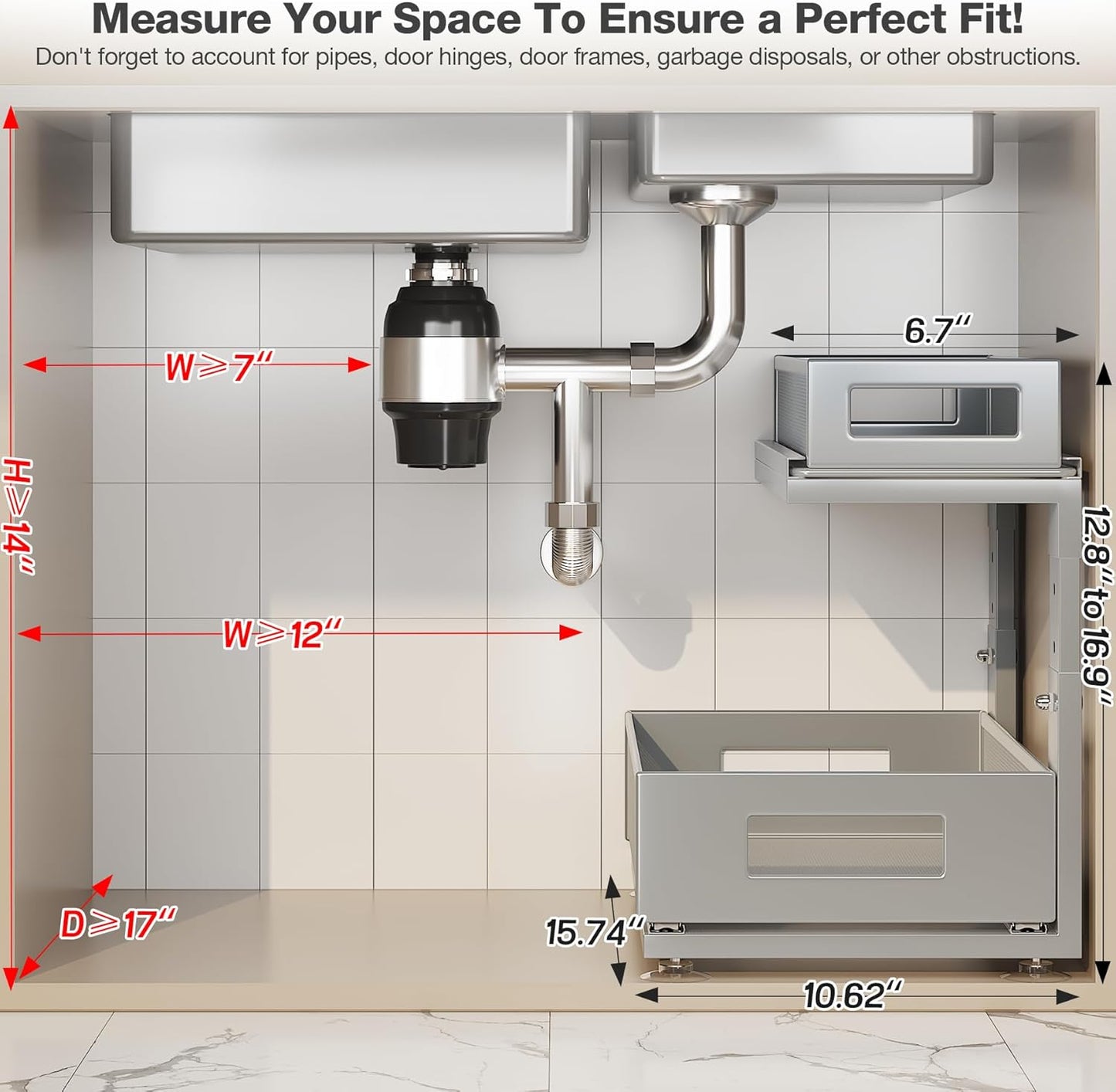 1 Pack 15.74IN-Depth Under Sink Organizer With Next-Gen Ball-Bearing Slides,2-Tier Pull Out Cabinet Storage,Height Adjustable Drawer Shelf for Bathroom,Kitchen,Laundry,Cabinet,Pantry-Gun Gray