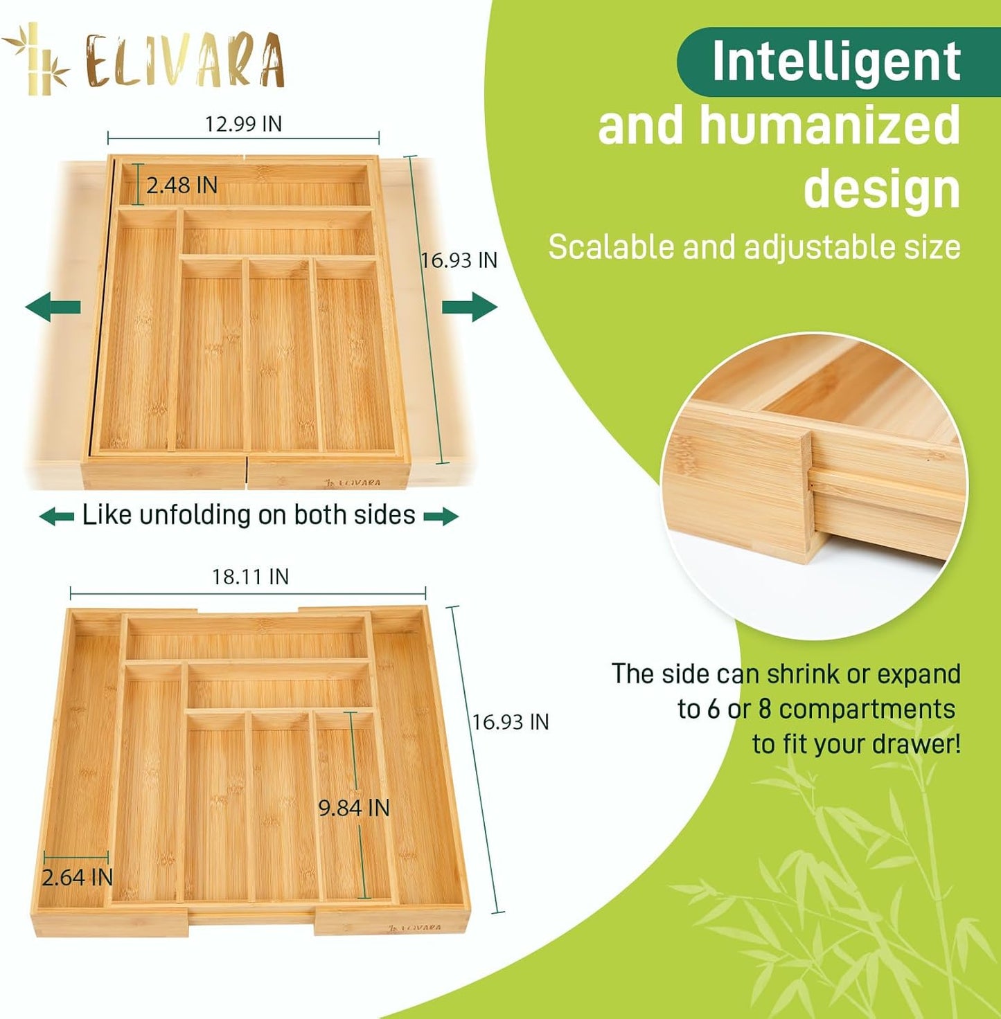 100% Bamboo Expandable Drawer Organizer - Adjustable Utensil and Cutlery Tray for Kitchen, Office, and Bathroom Storage.