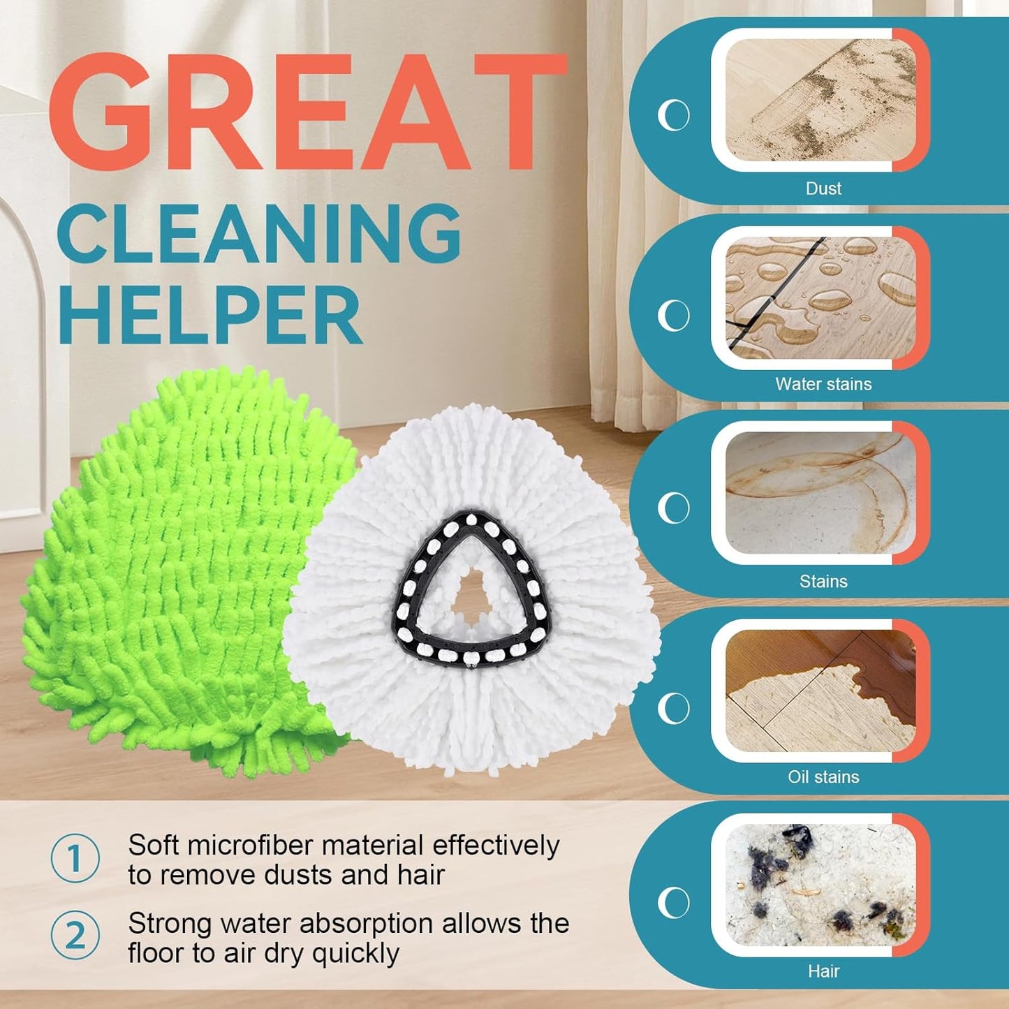 12 Pack Mop Replacement Heads for O-Ceda Mop Replace Head EasyWrin Spin Mop Heads Replacements, Microfiber Spin Mop Refills, Cleaning Mop Head for Living Room and Bath