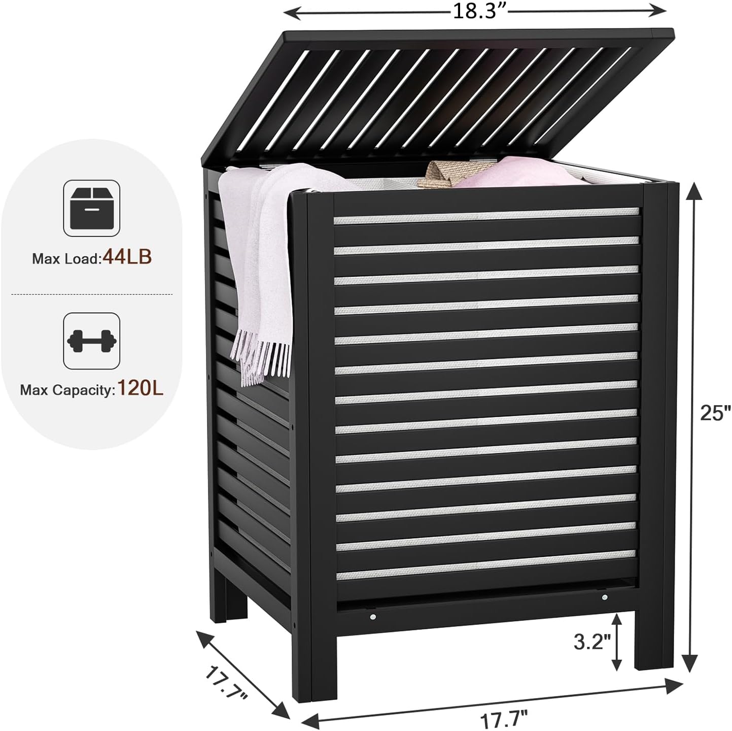 Homykic Bamboo Laundry Hamper with Lid, 120L Large Clothes Laundry Sorter with Removable 2-Section Liner Bag, Raised Laundry Basket Organizer for Clothing, Bathroom, Bedroom, Laundry Room, Black