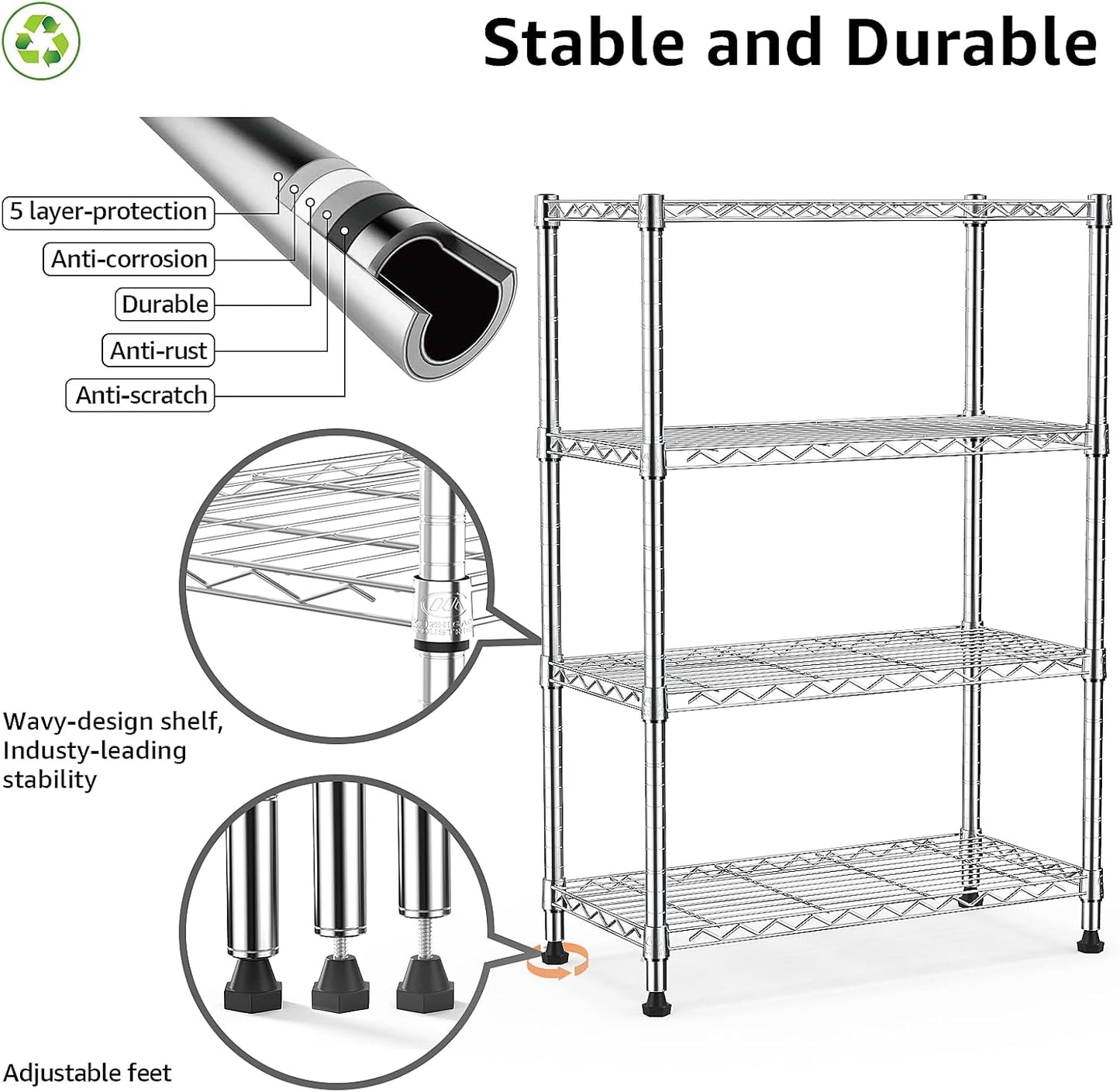 1000 lbs Storage Shelving Steel Heavy Duty 4-Tier Utility Shelving Unit Steel Organizer Wire Rack for Home,Kitchen,Office,Chrome (13.7" D x 29.5" W x 47.2" H)