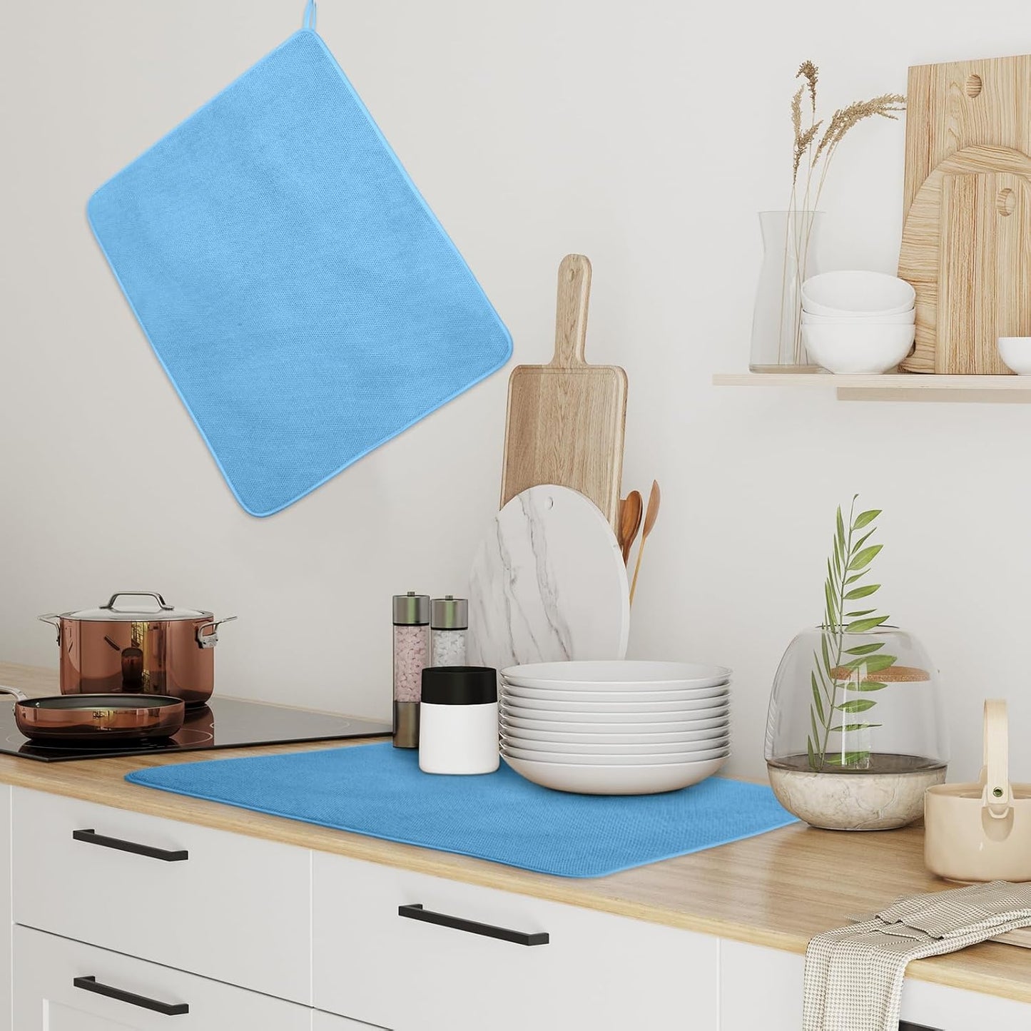 Hushee 2 Pack Extra Large Dish Drying Mat Microfiber Absorbent Dish Drying Pad Large Size Dishes Drainer Mats for Countertop, Sink, Refrigerator or Dryer (30 x 24 Inch,Blue)