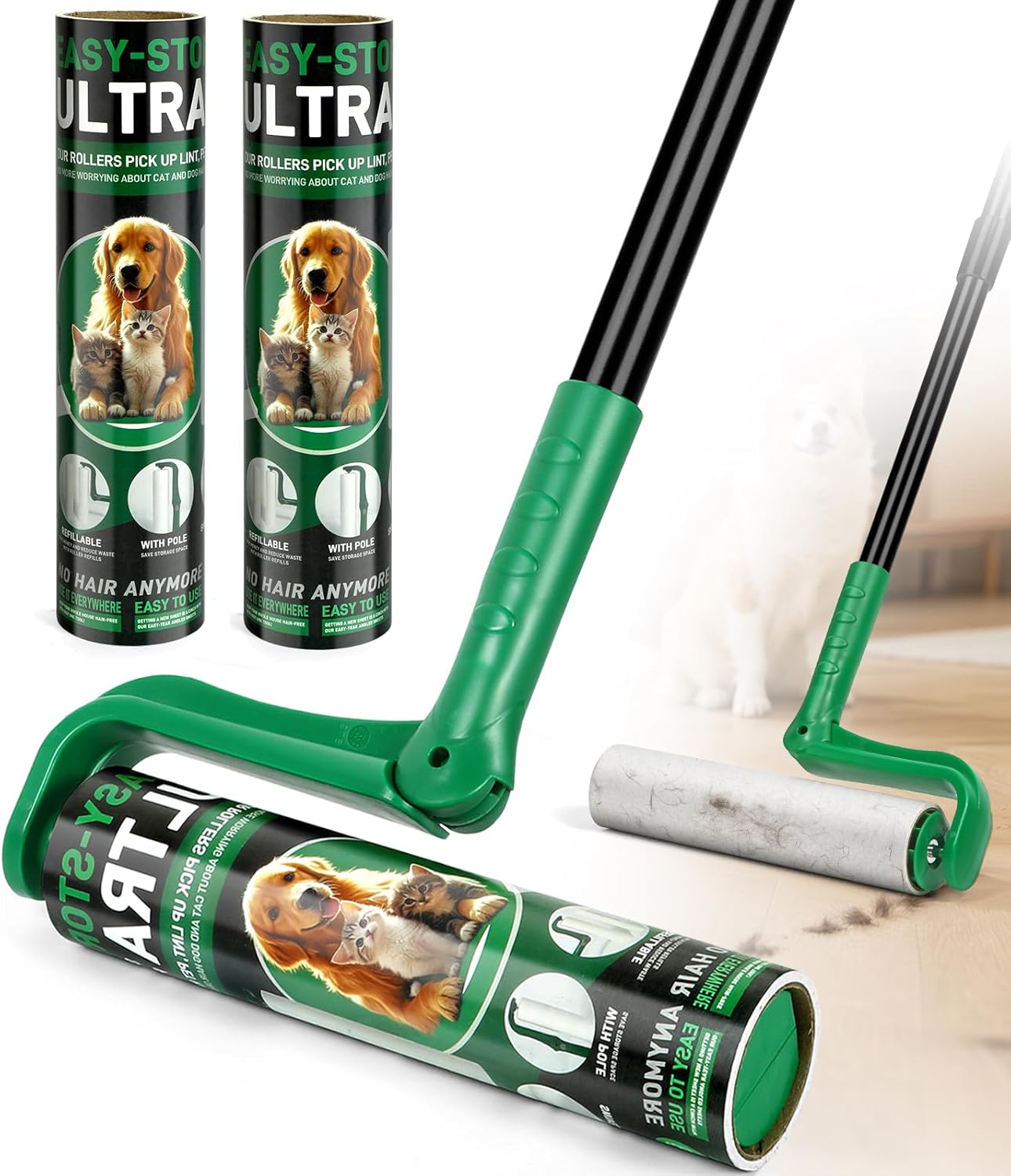 10" Large Lint Roller for Pet Hair Extra Sticky, Long Handle Floor Sticky Rollers with Big Lint Roller Refills for Cleaning Carpets, Cars, Furniture,Clothing, and Pet Hair,Green