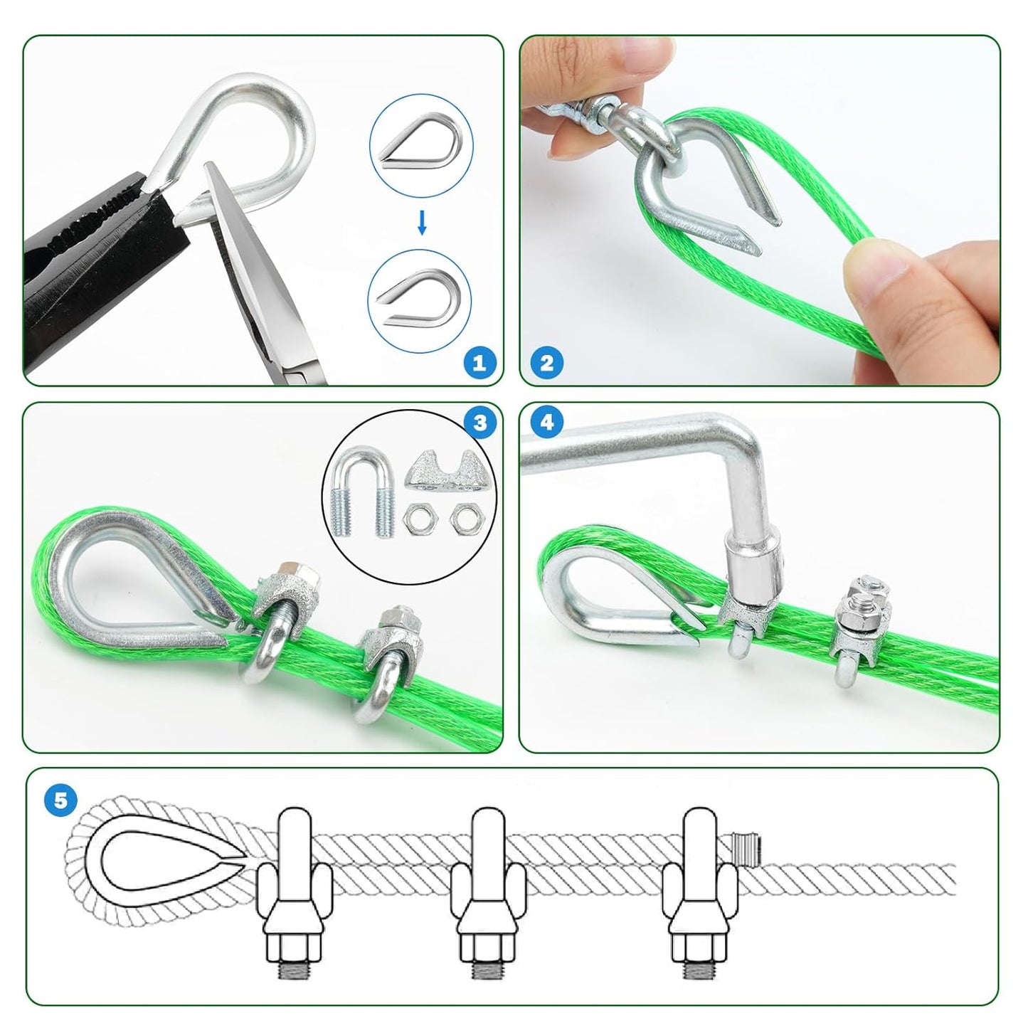 1/8" Wire Rope, 100 Ft PVC Coated Wire Cable Metal Steel Cable Trellis Kit, Multi-use Clothes Line for T Post/Climbing Grapevines Plants Outdoor/String Light Hanging Kit