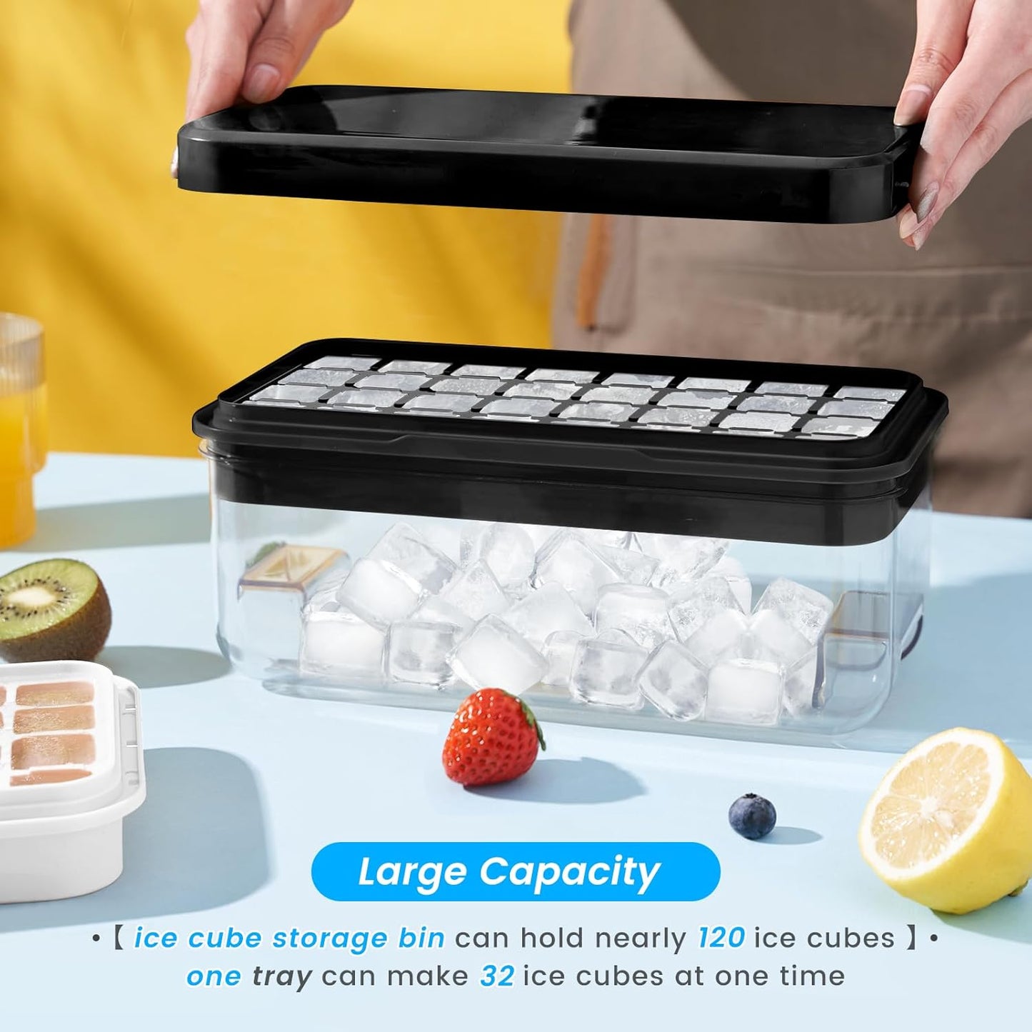 Ice Cube Tray with Lid and Bin, 32 pcs Ice Trays, Easy to Release Ice Trays for Freezer, Ice Cube Tray Mold, with 1 tray, Ice Freezer Container for Whiskey, Cocktail, Black