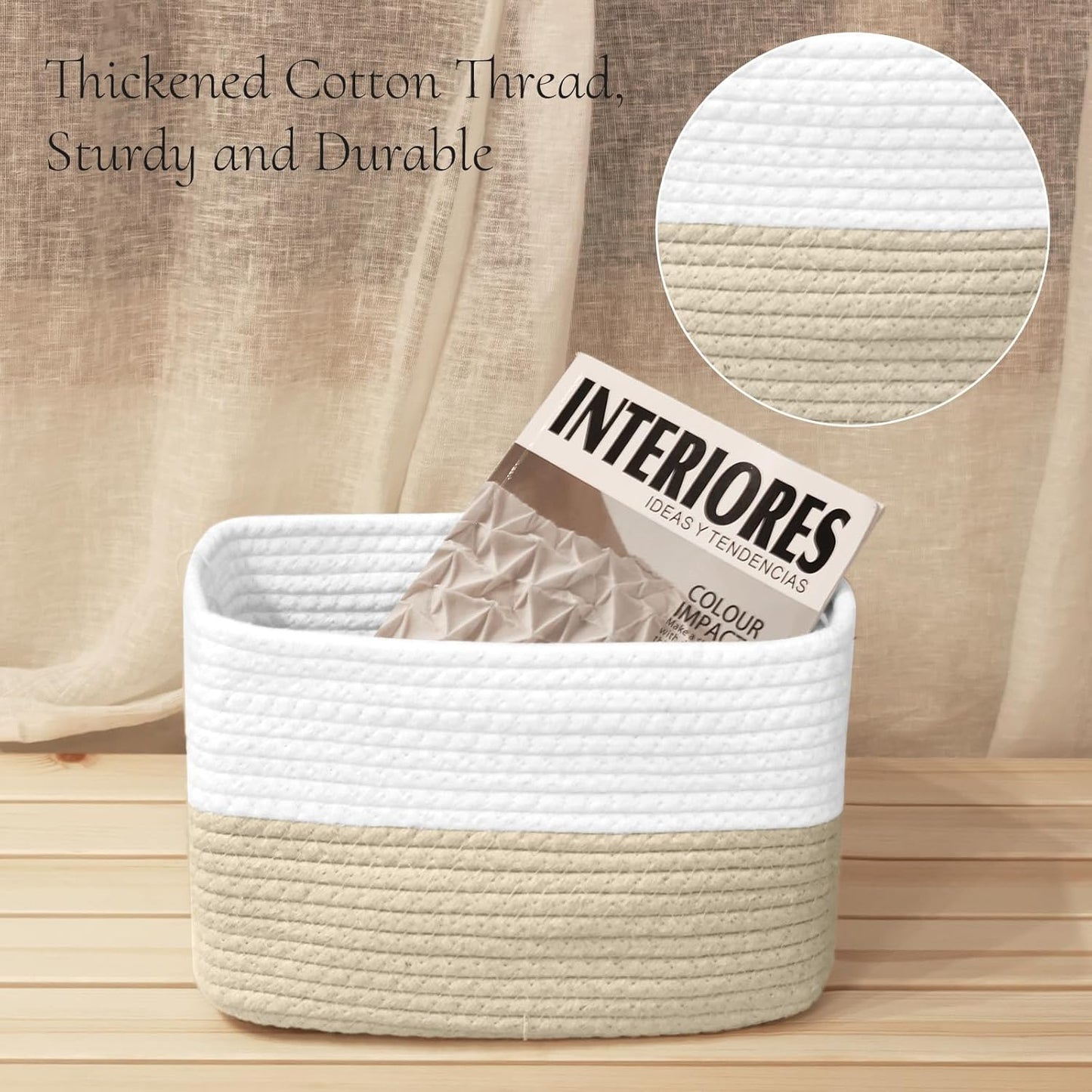 Hopegiver Woven Storage Baskets 11x8x7 Inch, 3 Pack Collapsible Cube Storage Bin for Shelves - Foldable Cotton Rope Organizer Bins for Towels, Toys, Books, Closet, Nursery (White Khaki)