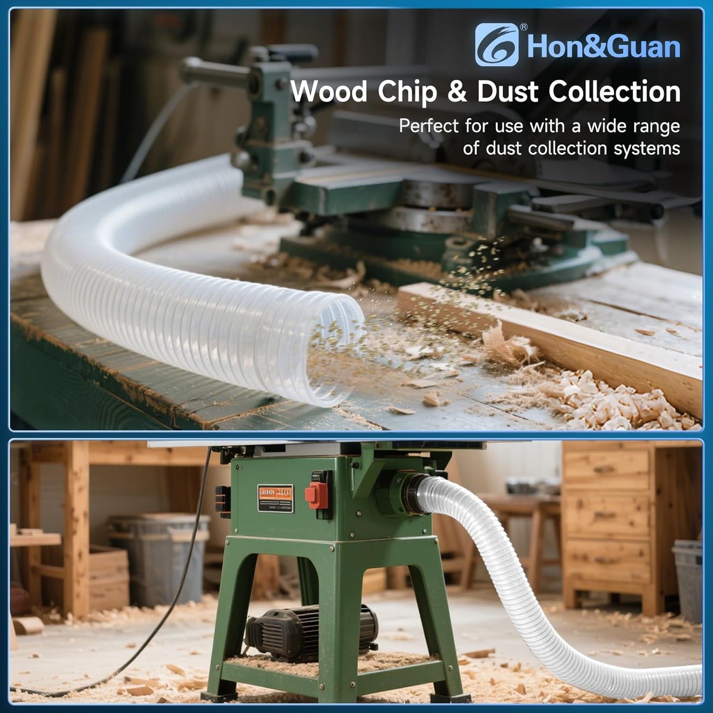 Hon&Guan 2 1/2" x 20' Dust Collection Hose, Flexible Clear Odorless PVC Dust Collector Hose with Carbon Steel Wire, Puncture Resistant Dust Hoses for Woodworking Dust Collecting System