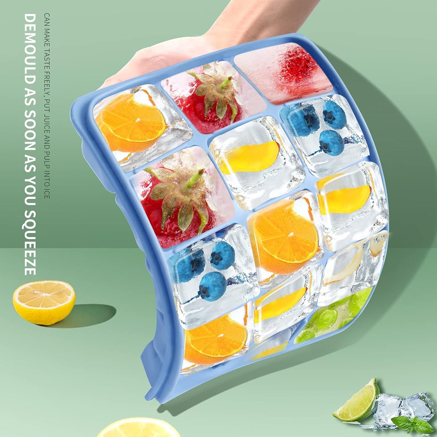 Ice Cube Trays Set of 2, Easy Release 15 Flexible Silicone Ice Cube Molds with Removable Lid Reusable Freezer Ice Trays Stackable for Whiskey, Baby Food, BPA Free (BLUE+GREEN)