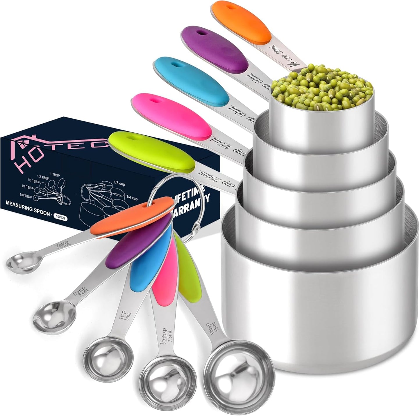 HOTEC 10-Pack Measuring Cups &Spoons Set, Kitchen Gadagets Cooking Baking, Measuring Spoons, Heavy Duty & Dishwasher Safe for Dry and Liquid Ingredients, Multicolor