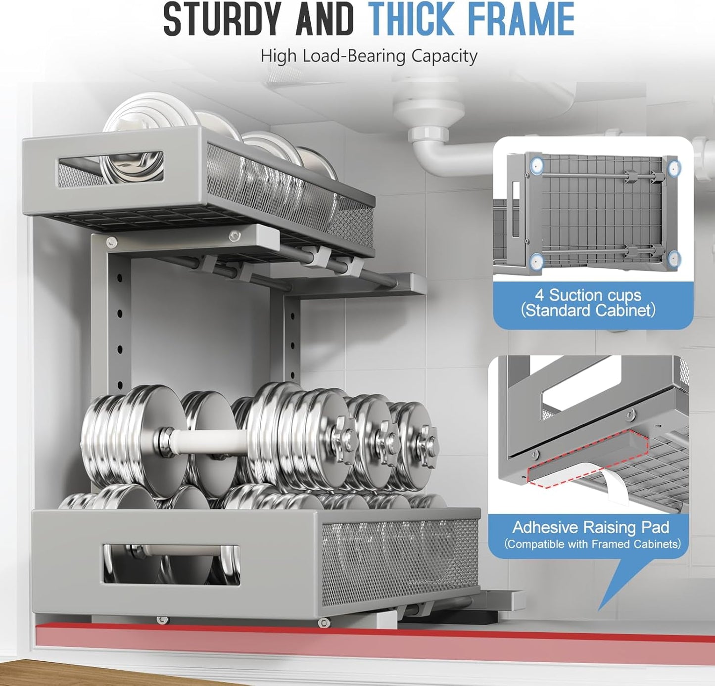 1 Pack-11.4"-16.14" H Under Sink Storage Organizer, Large 2-Tier Elegant Mesh Pull Out Shelf for Kitchen & Bathroom Cabinet Organization, L-Shaped, Adjustable Height-Gun Gray