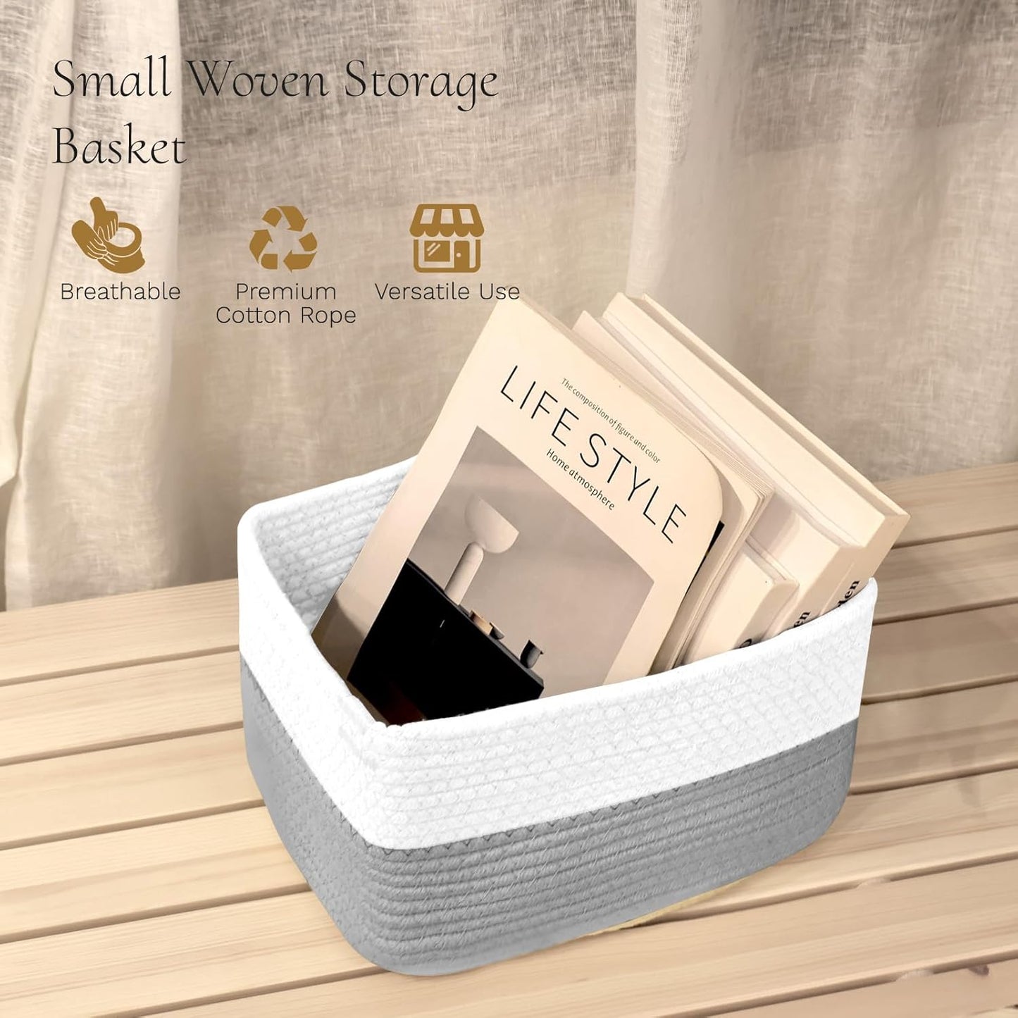 Hopegiver Woven Storage Baskets 11x8x7 Inch, 3 Pack Collapsible Cube Storage Bin for Shelves - Foldable Cotton Rope Organizer Bins for Towels, Toys, Books, Closet, Nursery (White Gray)