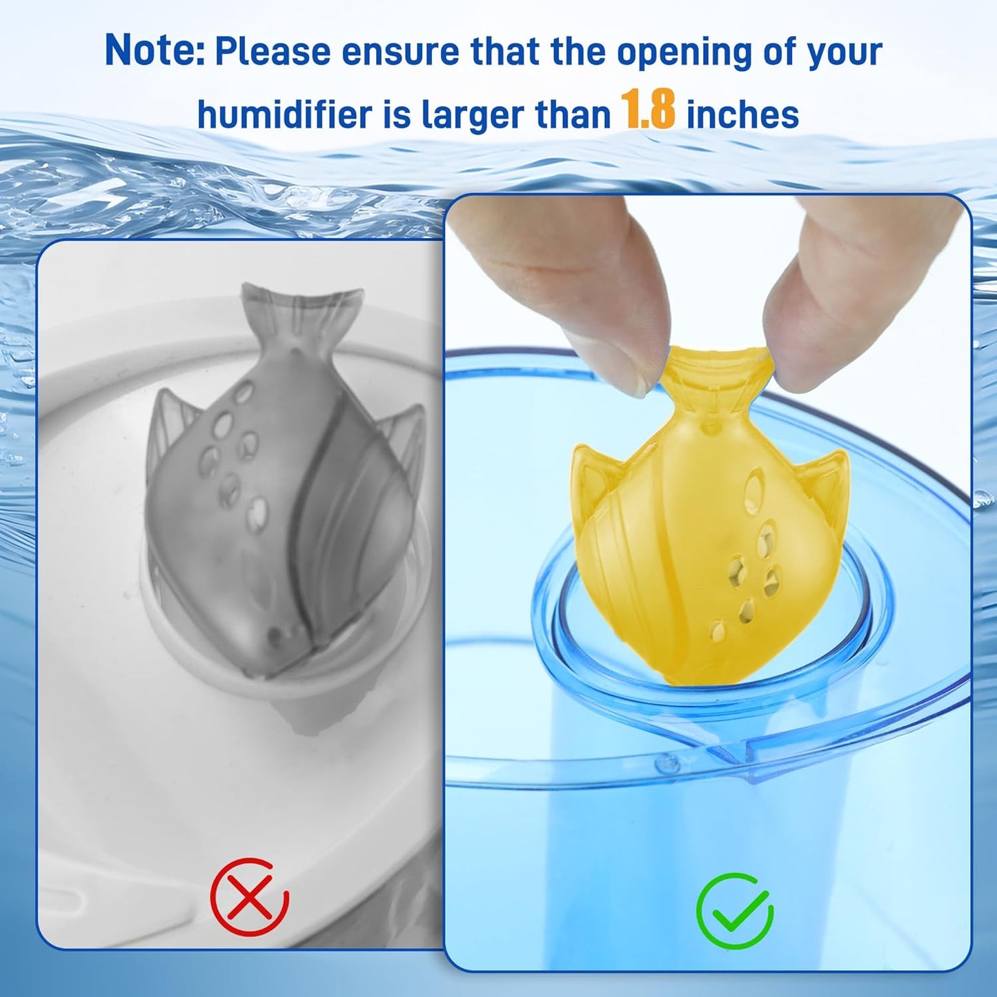 12 Pack Universal Humidifier Cleaner Fish Compatible with Almost All Humidifiers and Fish Tanks, Equipped with Silver Ion Filter Balls, Prevents Hard Water Build-Up, Reduces Scale, Yellow