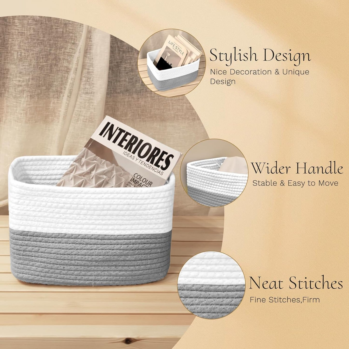 Hopegiver Woven Storage Baskets 11x8x7 Inch, 3 Pack Collapsible Cube Storage Bin for Shelves - Foldable Cotton Rope Organizer Bins for Towels, Toys, Books, Closet, Nursery (White Gray)