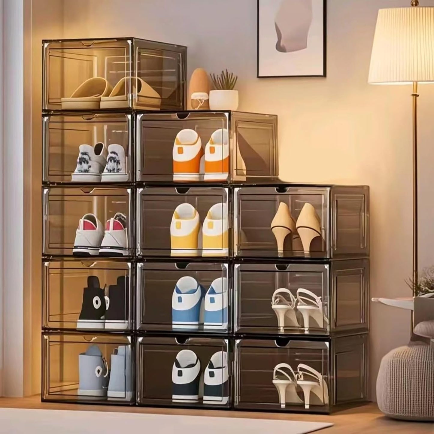 10 Pack Shoe Storage Box Clear Hard Plastic Shoe Organizer Stackable Hats Sneaker Display Case with Lids for Size 13, Black