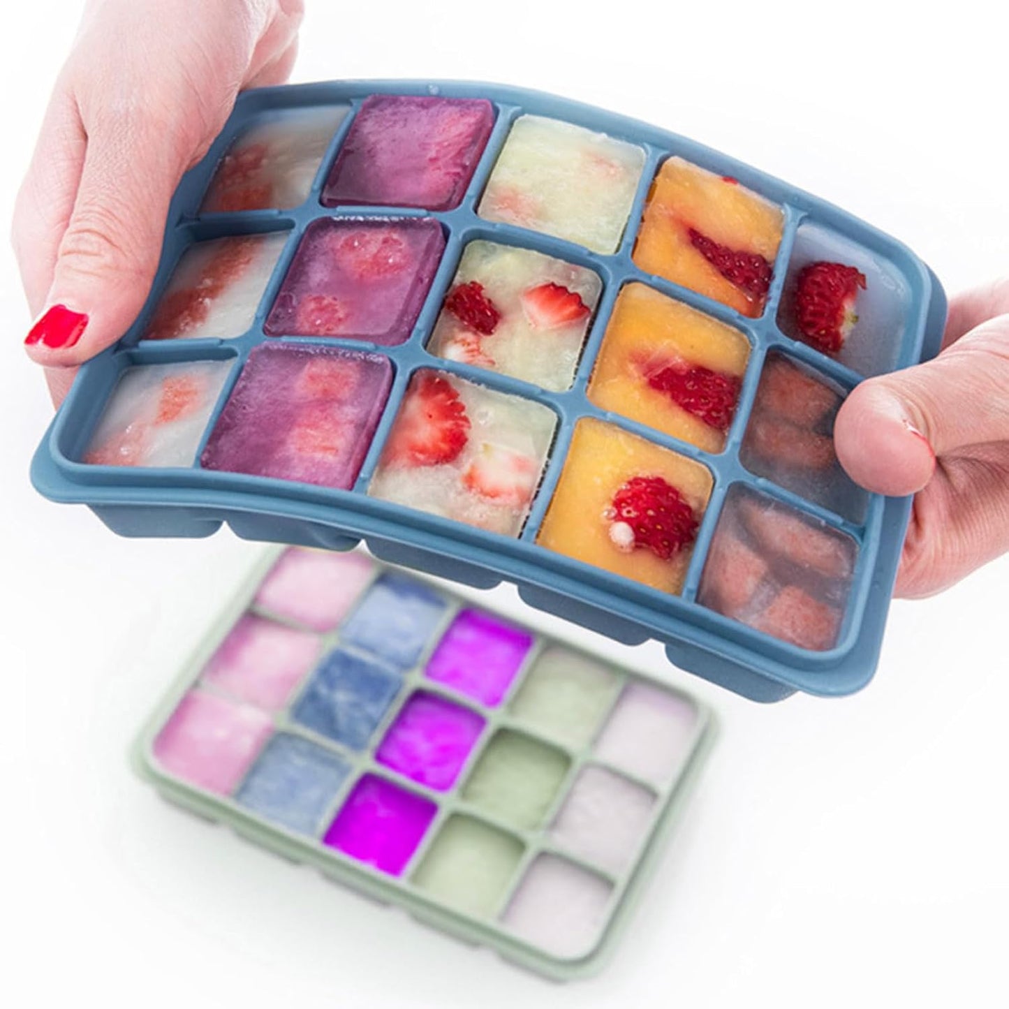 Ice Cube Trays with Silicone Lid, 15 Grid Square Ice Tray Easy Release Stackable Ice Cube Mold, 2 Pack (Grey Blue+Green)