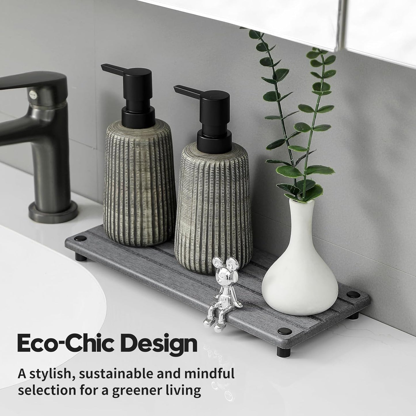 Instant Dry Sink Caddy Kitchen Sink Organizer, Quick Drying Stone Tray Diatomite Sponge Holder Soap Dish, Bathroom Countertop Fast Dry Water Absorbing Vanity Rack, Dark Gray,12" x 5"