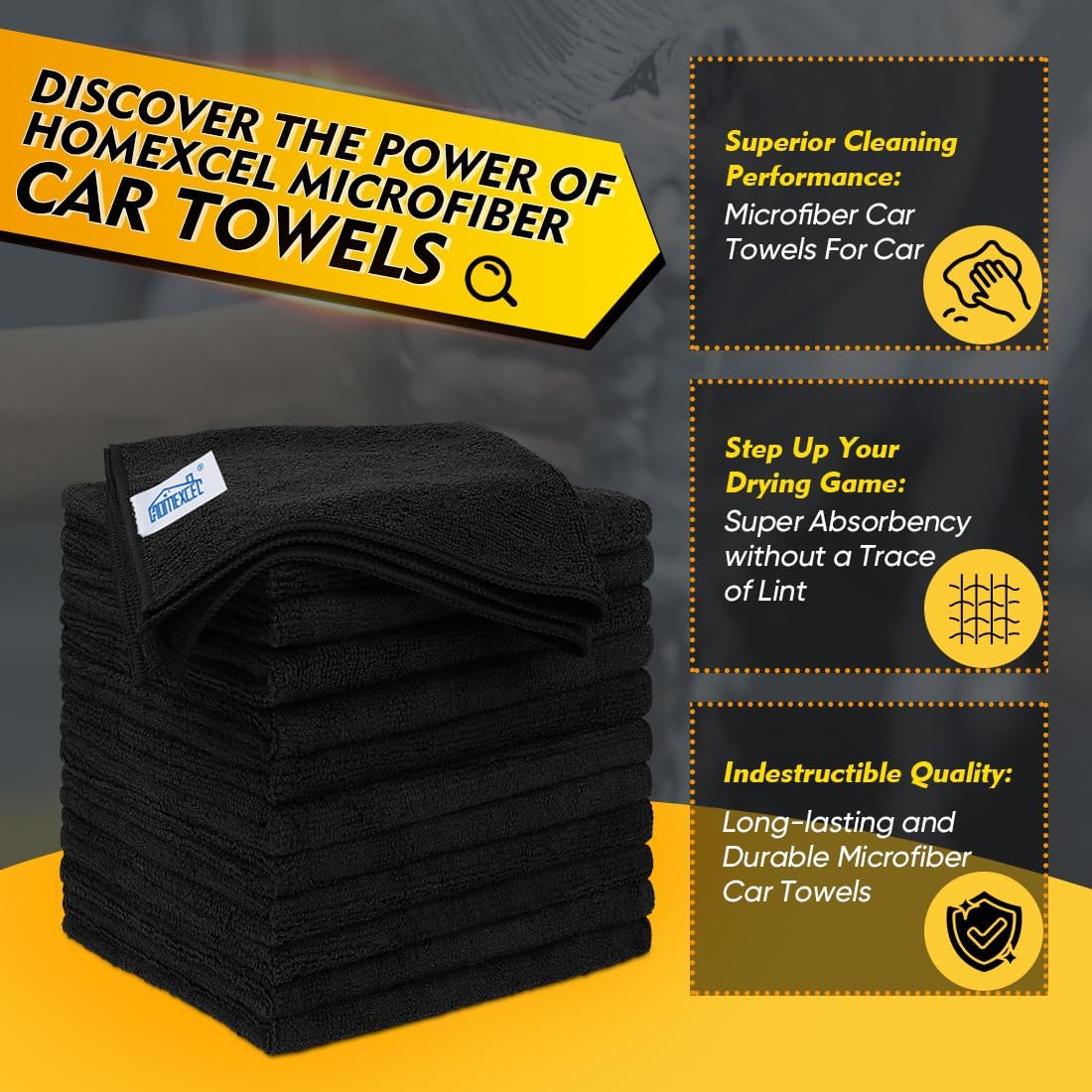 HOMEXCEL Microfiber Cleaning Cloth 20 Pack 11.5 x 11.5 inch Microfiber Towels for Cars Ultra Absorbent Car Washing Cloth Lint Free Streak Free Cleaning Rags for Car, Kitchen Window Black