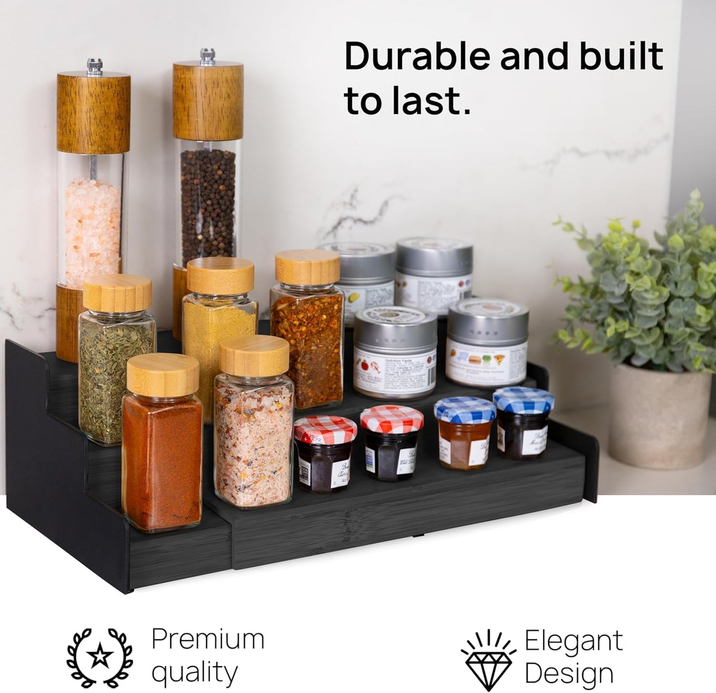 Ibyx Premium 3-Tier Spice Rack Organizer for Cabinet - Expandable Bamboo Spice Storage - Non-Skid Countertop Step Spice Shelf - Great for Kitchen Cabinet, Countertop, Cupboard, Pantry (Black)
