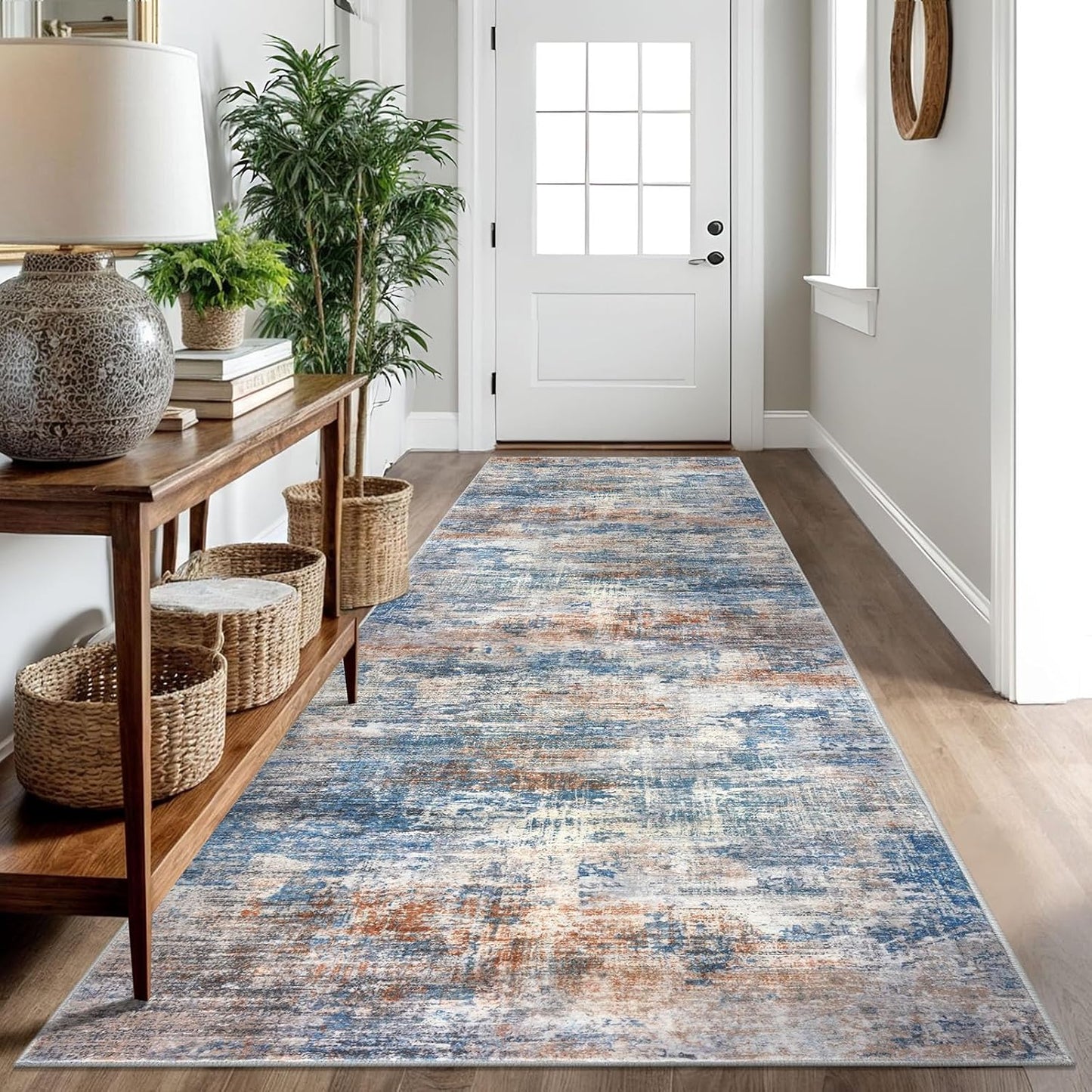 IOHOUZE Abstract Runner Rug 3x10 Ft Washable Runners for Hallways, Non Slip Kitchen Runner Printed Faux Wool Entryway Runner Indoor, Modern Abstract Floor Carpet for Hall Bedroom, Blue Rust