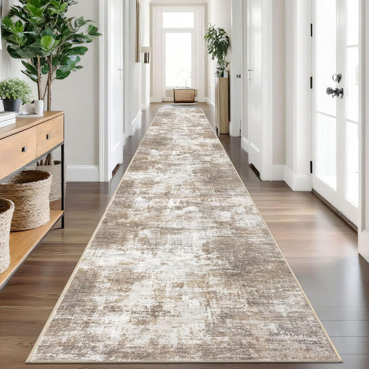 IOHOUZE Abstract Runner Rug 3x18 Ft Extra Long Washable Runners for Hallways, Non Slip Kitchen Runner Printed Faux Wool Entryway Runner Indoor, Modern Abstract Floor Carpet for Hall Stair, Beige Brown